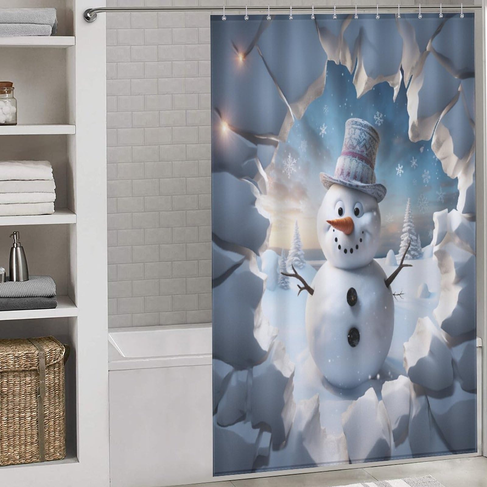 Rideau de douche bonhomme de neige pour décorer la salle de bain familiale en hiver
