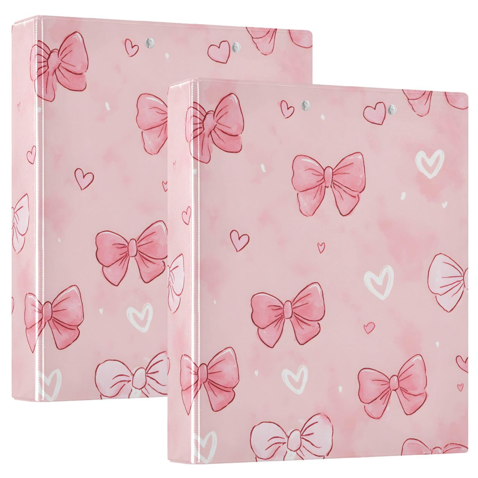 White Pink Bow Heart 3 Ring Binder with 2 Interior Pockets 1.5 inch Binders 3 Ring Heavy Duty Fit 8.5" x 11" Letter Size for Office School, 2 Pack