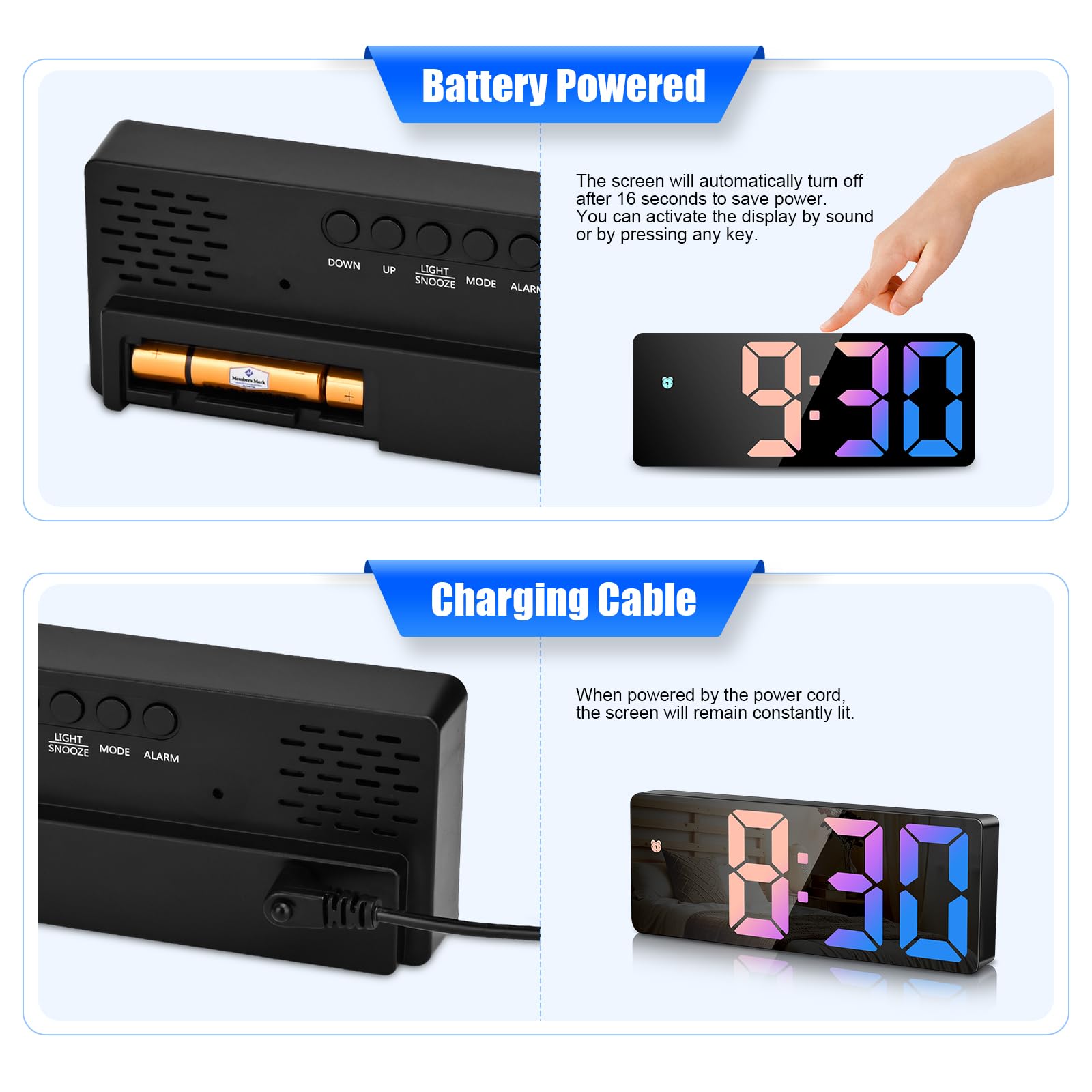 Sveglia per bambini Orologio digale a LED 12/24 ore senza batteria Sveglia da comodino Regalo Camera da letto per bambini Decora orologio con Temperat  15