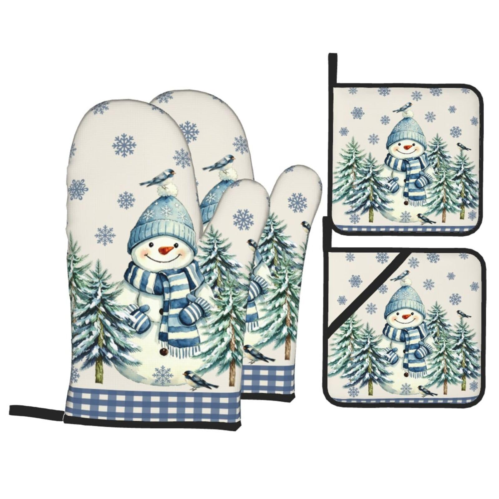 Winter Blue Snowman Oven Mitts and Pot Holders Sets 4 Pack