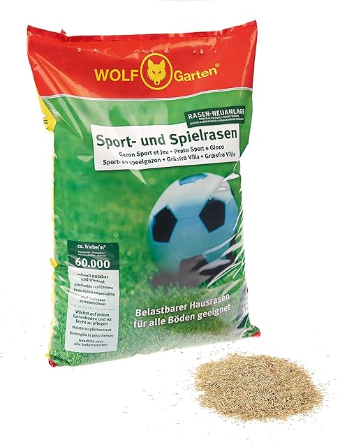 WOLF-Garten WOLF-Garten Sport- & Spielrasen LG 125 (für 125 m², schnell nutzbar & trittfest, strapazierfähiger Rasen für Sport- & Spielplätze, Hausgarten, für alle Bodenarten geeignet, im 2,5 kg Beutel) 3825020 — Saat & Dünger