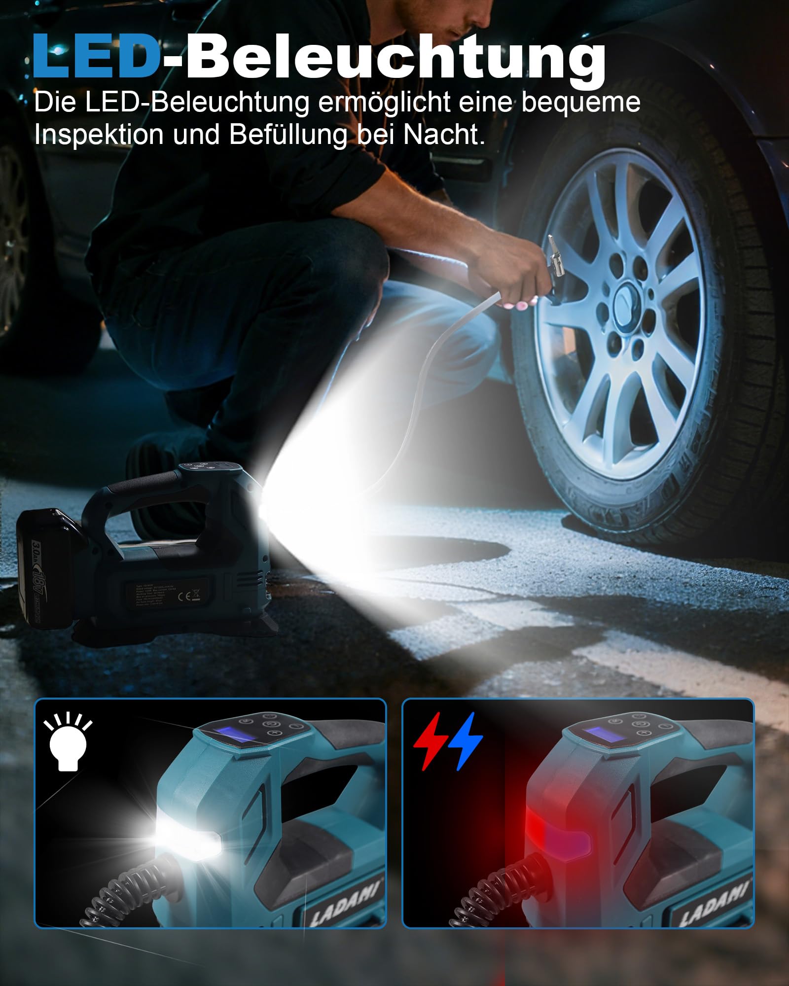 Akku-Kompressor für Makita 18V,Akku Luftpumpe bis150 PSI mit LED-Licht & Autostopp,Tragbare Luftpumpe mit Digitales Manometer,Elektrischer Luftkompressor für Auto, Motorrad,Fahrrad,Sportbälle