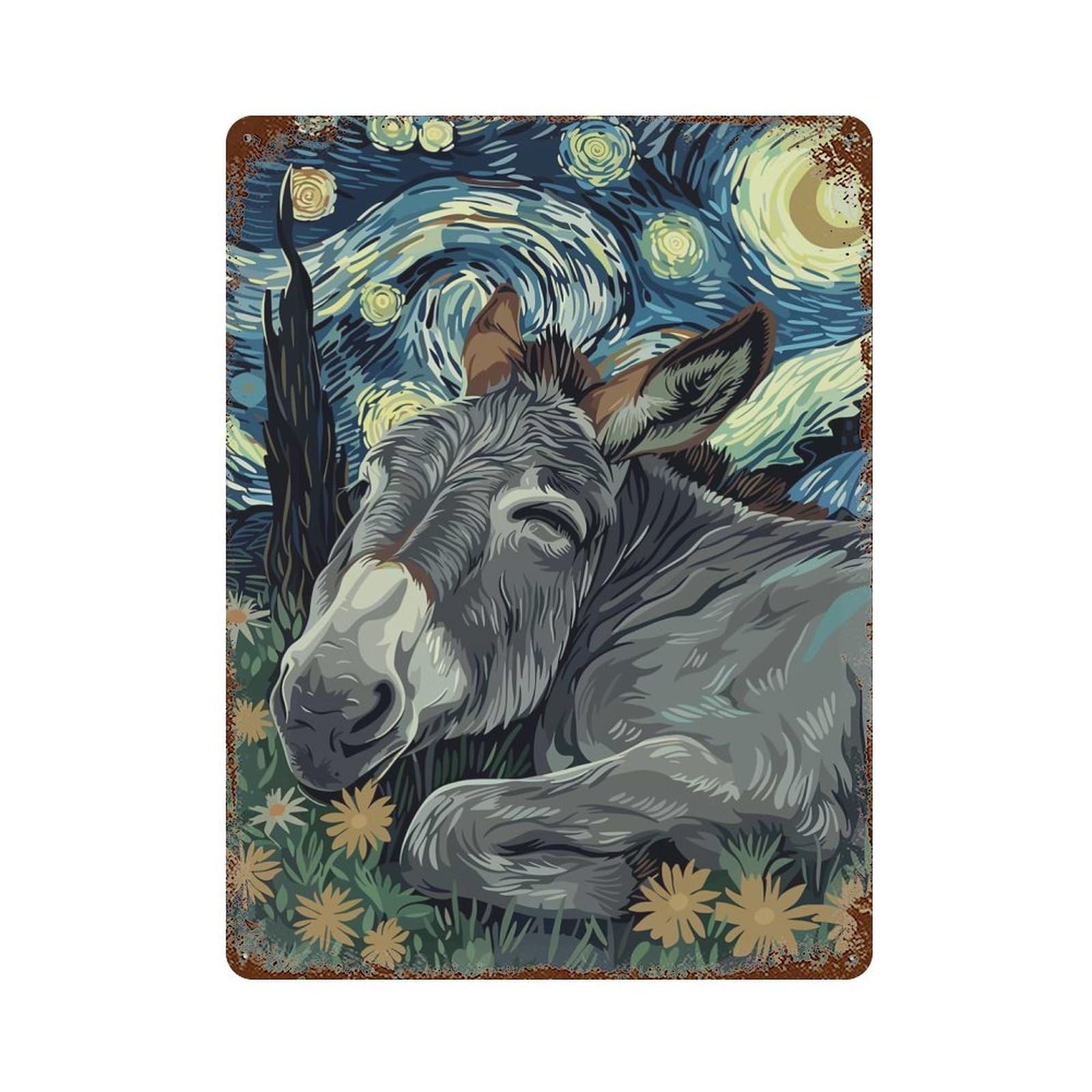 Distressed Metal Wall Sign Donkey in Starry Night Style 15.7"x11.8", Vintage Wall Decor for Garage, Bar And Workshop Decor