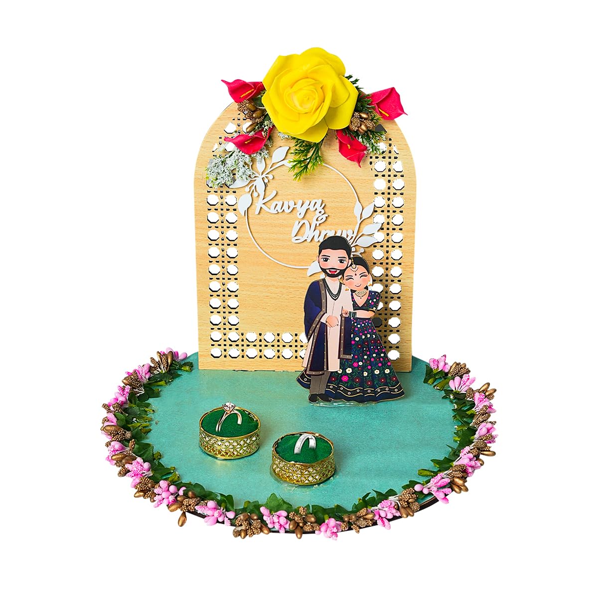 MustHome Engagement Ring Holder, Personalized Wooden Name Plate, Hand Crafted Decorative Platter for Ring Ceremony, Customized with Velvet Holders, (RNG-05) 3