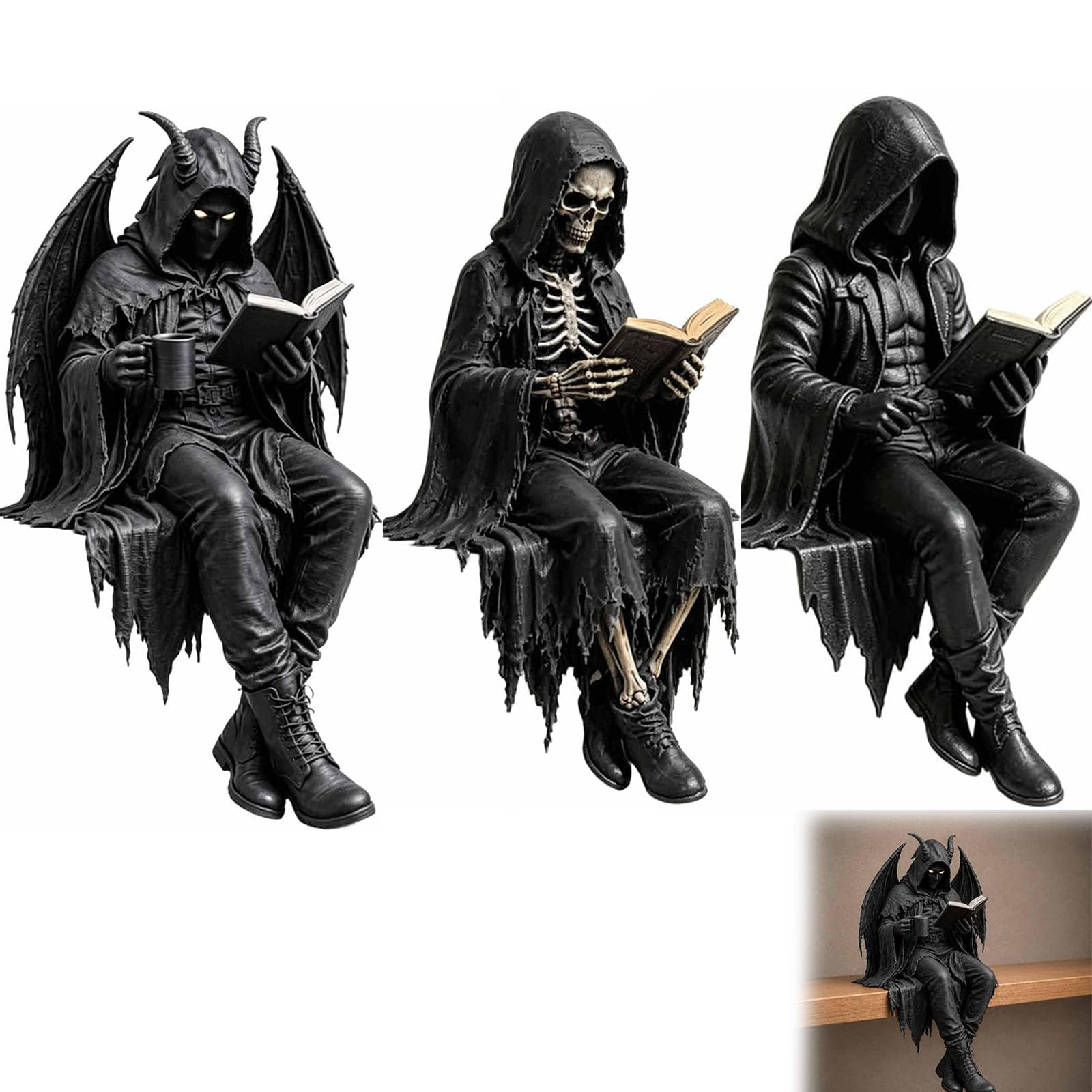 Weiwogu #D Gothic Dark Fantasy Figure, Resin Mystery Reader Statue, Black Hooded Skeleton & Demon Sculpture For Bookshelves, Desks, Mantels, Decor Gift For Readers & Collectors (#D)