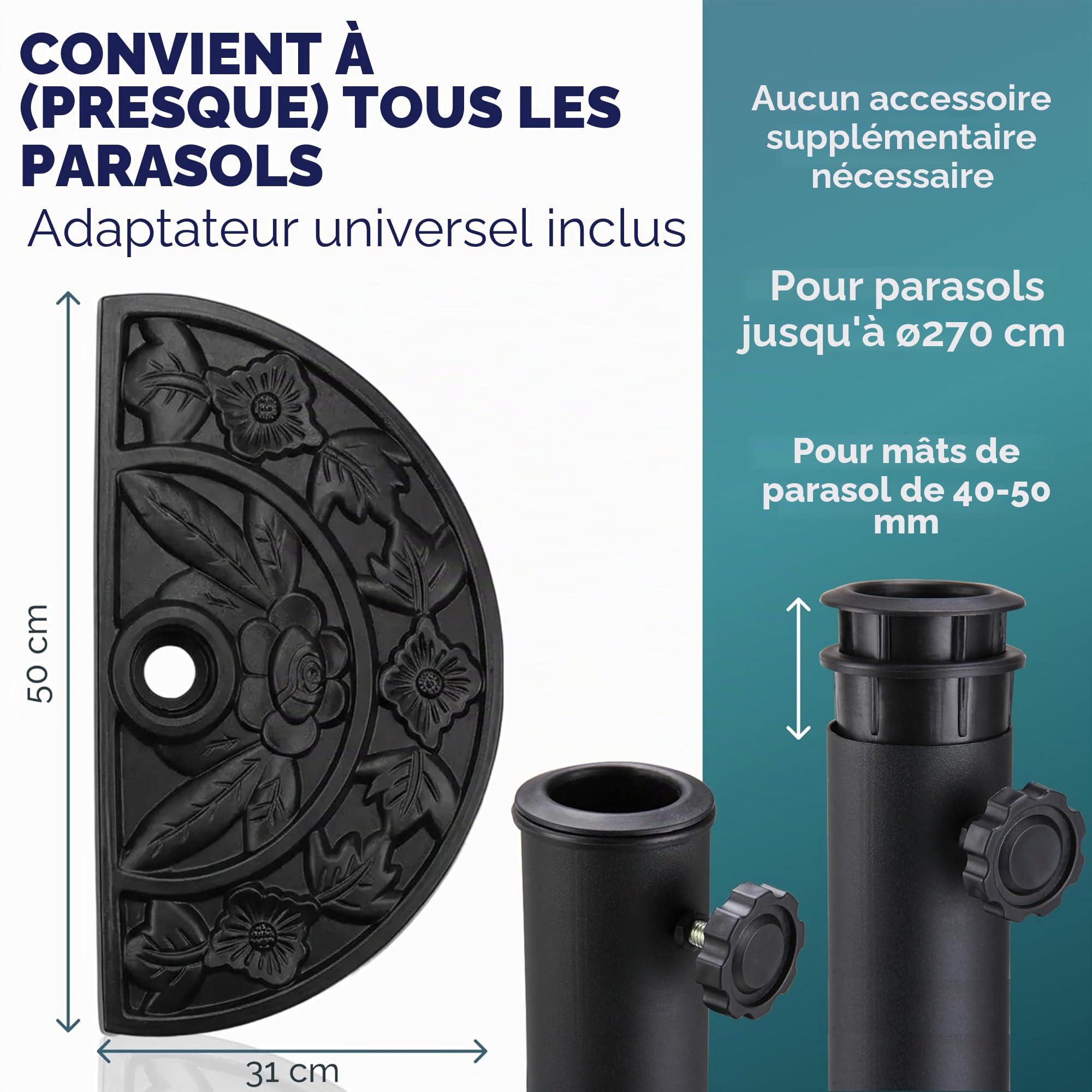 Deuba Demi-Pied de Parasol Noir Demi-Cercle Aspect Fonte Vintage et Motifs Floraux