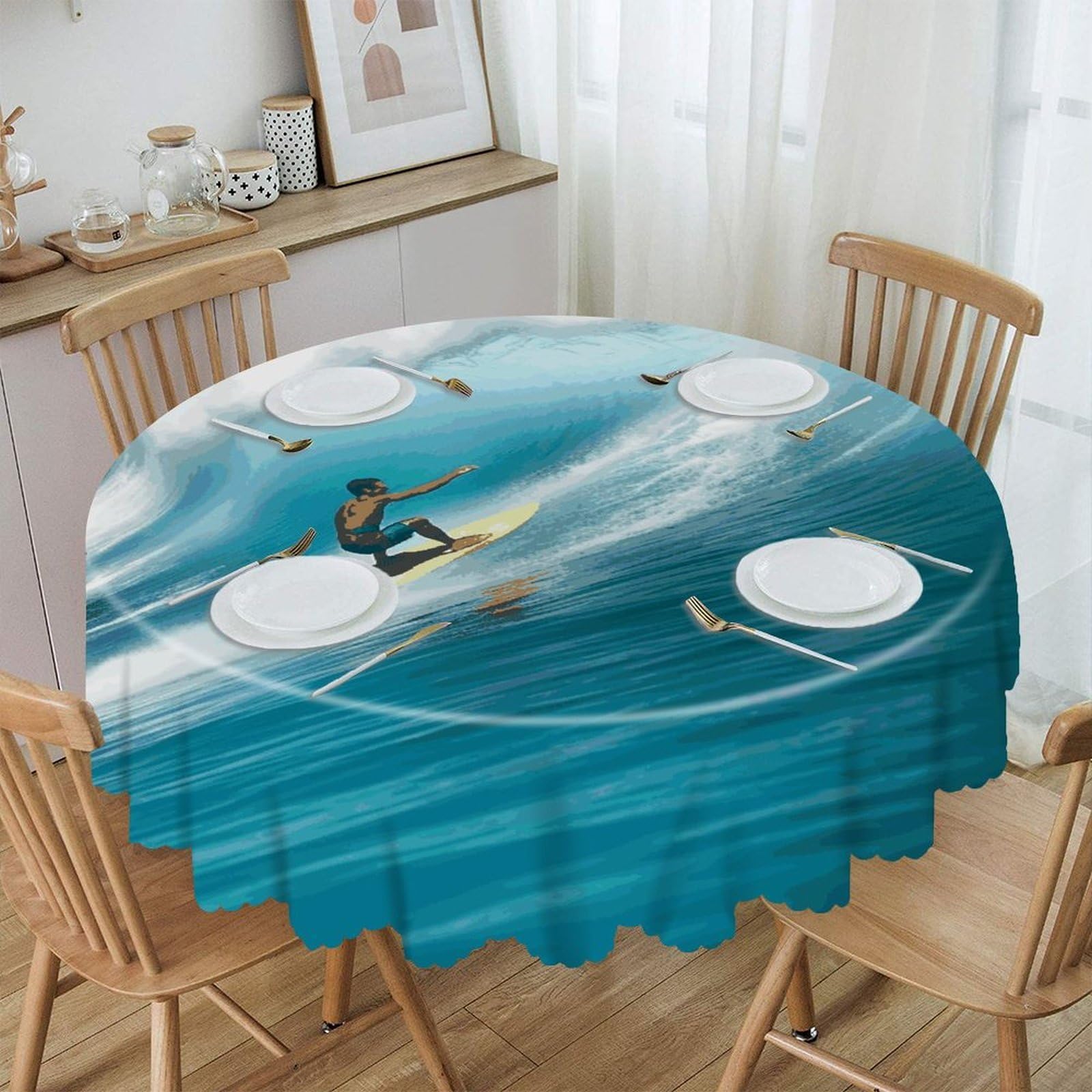 VstaDank Surfing Round Tablecloth 60 Inch Easy to Clean Circle Table Cover Thick Decorative Round Polyester Table Cloth for Dining Kitchen Party Farmhouse Outdoor