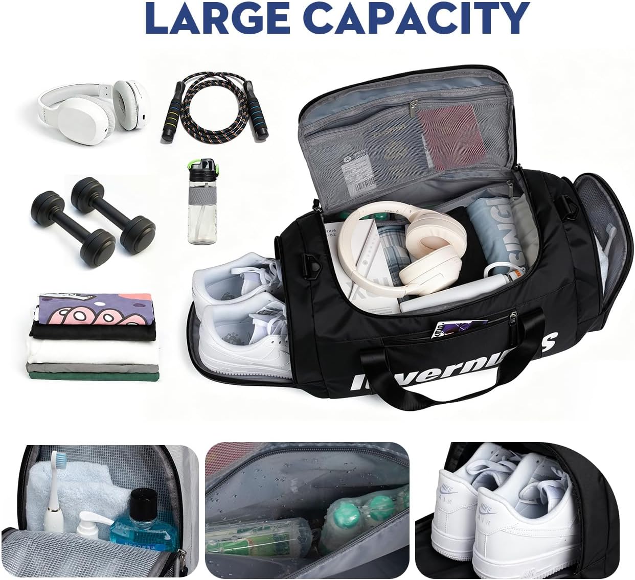 3-in-1 Gym Duffle Backpack - 35L Waterproof Sports Travel Bag with Shoe Compartment & Wet Dry Pocket, Convertible Backpack/Handbag/Shoulder Bag for Men Women, Black (Black)