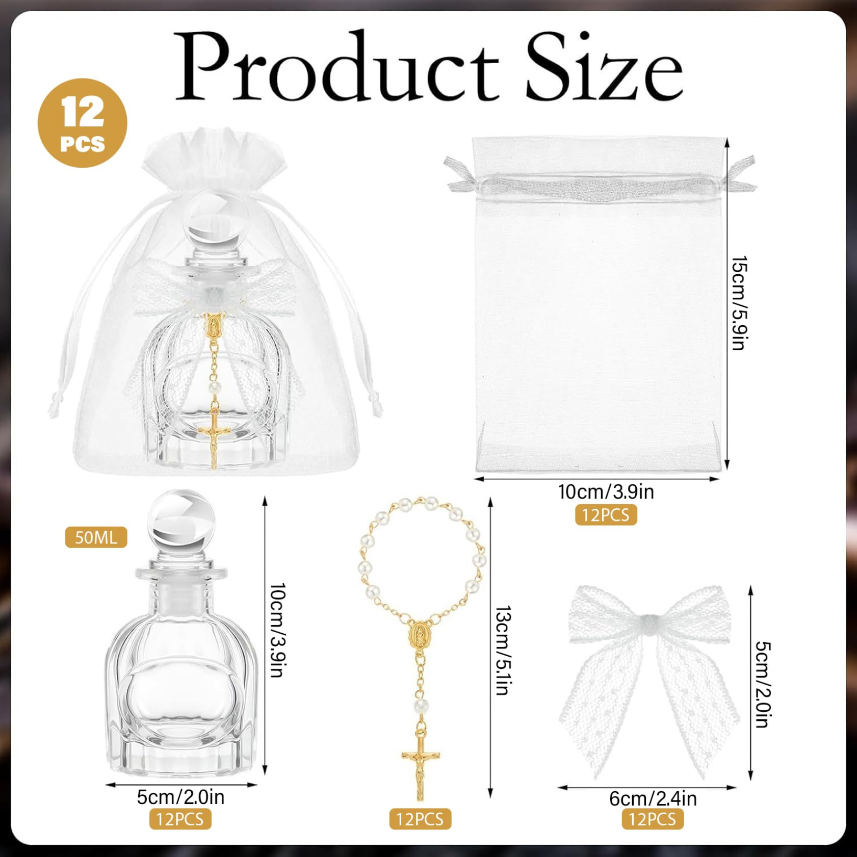 Weihwasserflaschen-Set mit 12 Stück – elegante Glasflaschen mit Kreuzarmband und Spitzenschleife für Taufgeschenke, Kommunion, kirchliche Hochzeit