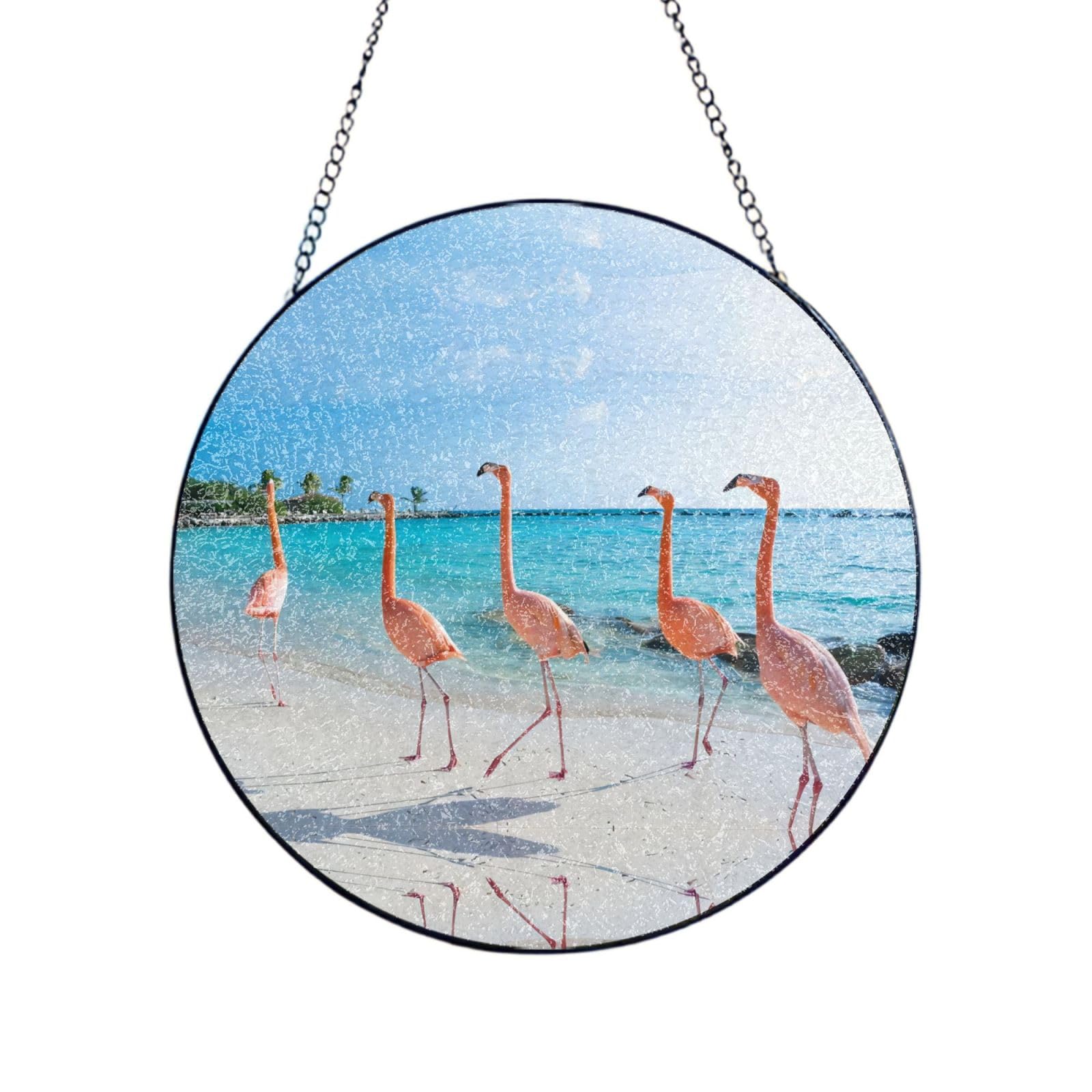 Phayah Beach Flamingos Print Glass Window Hanging Round Suncatcher Glass Ornament Garden Wall Fence Decorations Indoor Outdoor 12in（30cm）