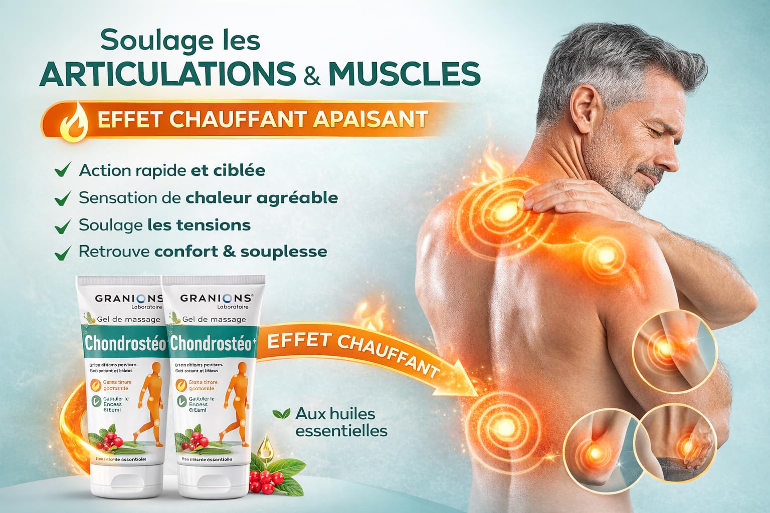 Chondrostéo+ Gel de Massage – Lot de 2 – Articulations & Muscles – Effet Chauffant Apaisant – Huiles Essentielles – Confort & Souplesse