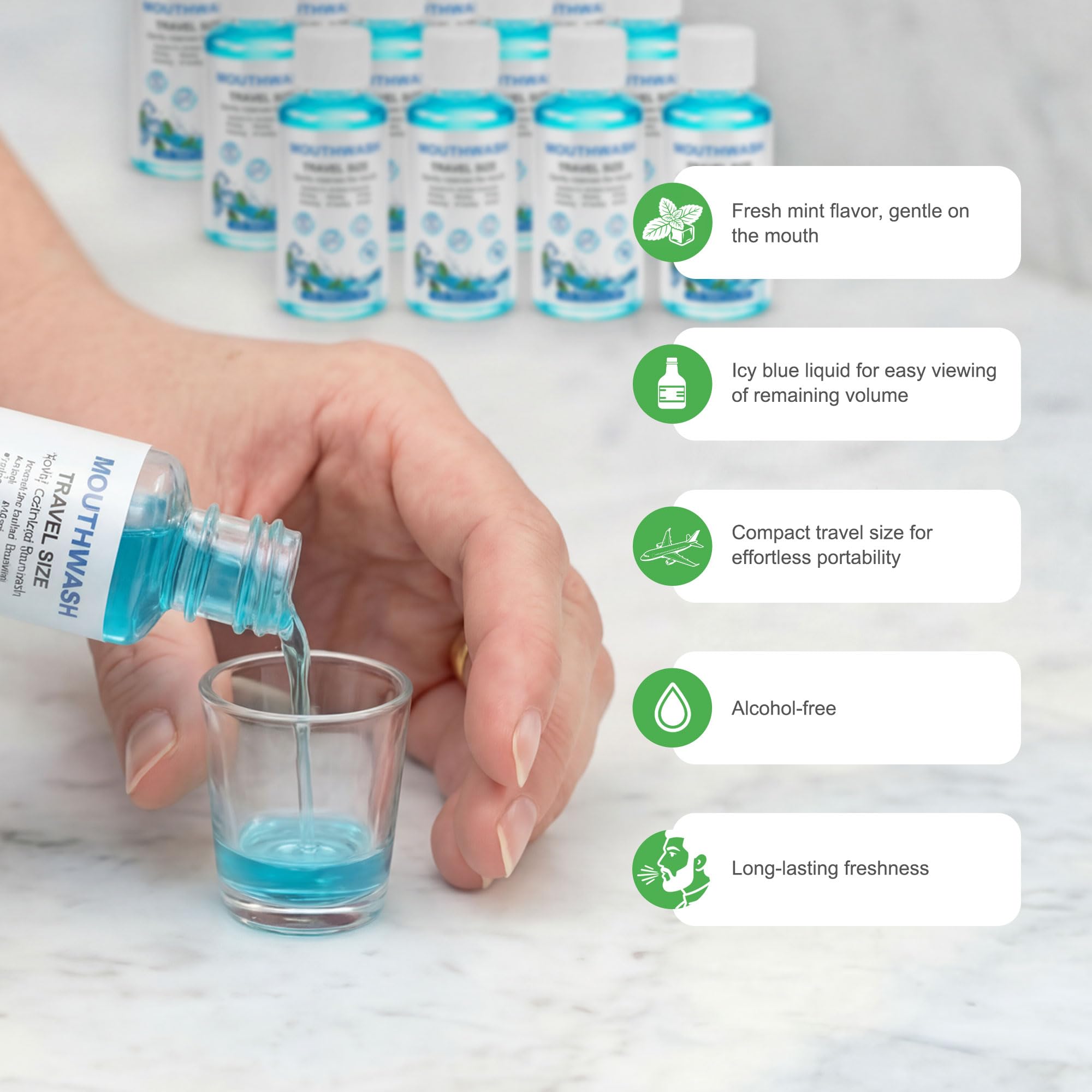 Travel Mouthwash Mini, 1,2 oz/35 ml Mini collutorio sfuso, alito fresco, facile da trasportare, adatto per viaggi, hotel, lavoro, appuntamenti, indispensabile (CONFEZIONE DA 50)