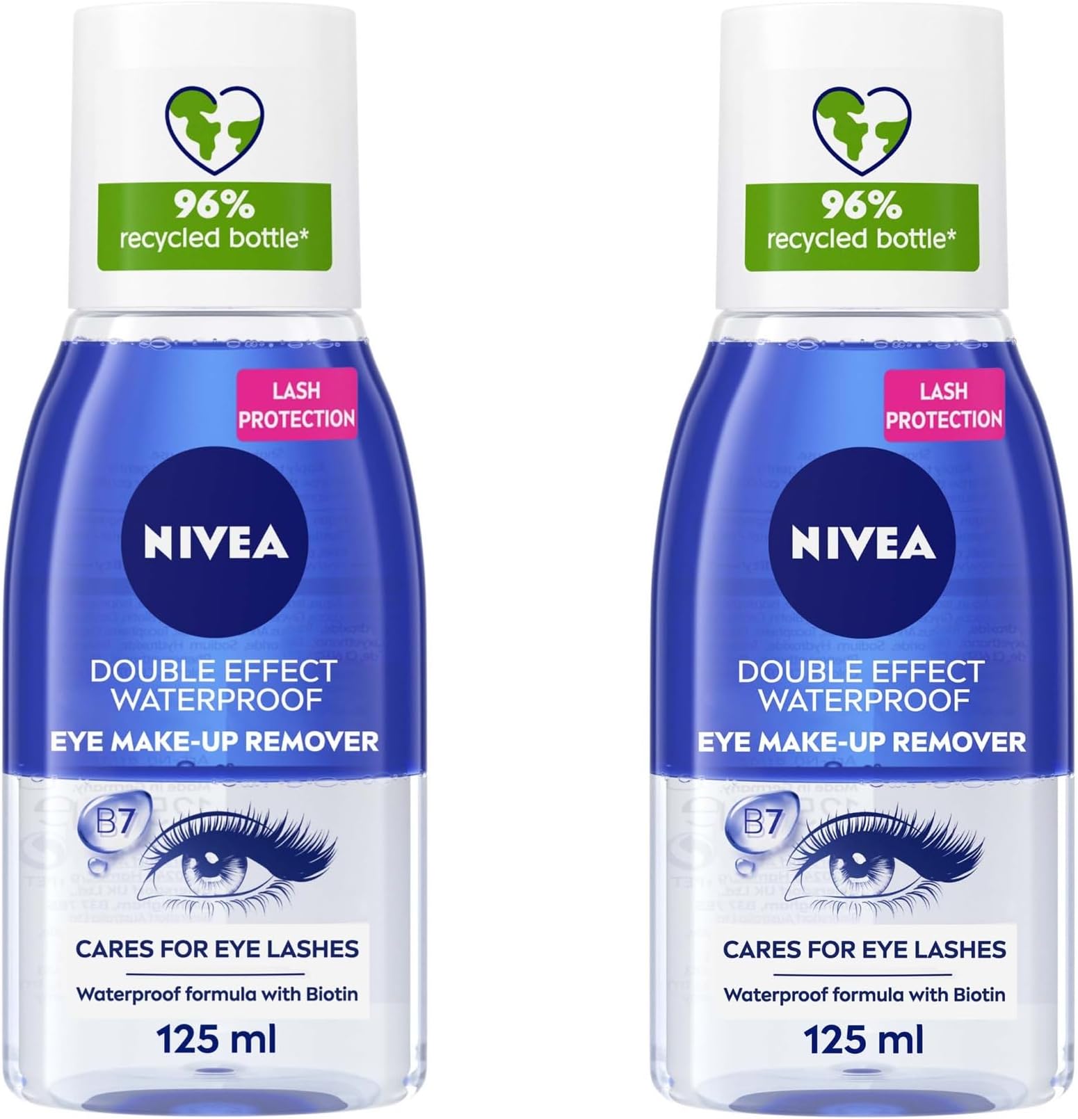 NIVEA Double Effect Eye Makeup Remover, Gentle Waterproof Mascara Remover with Cornflower Extract, Non-Greasy Bi-Phase Formula, 2x125ml