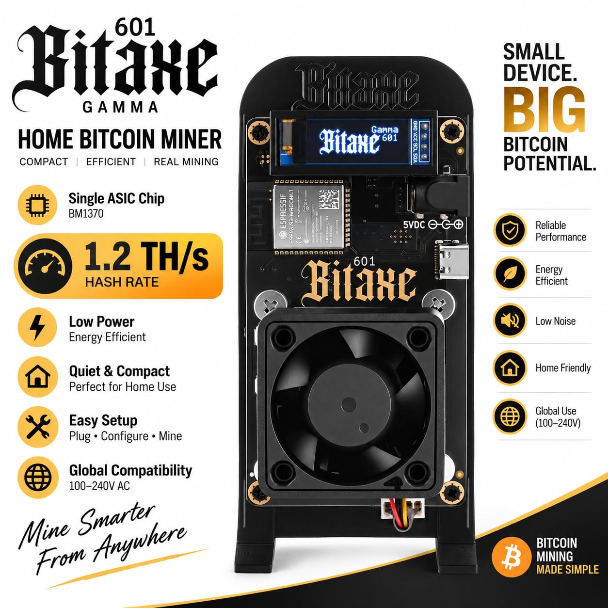 Bitaxe Gamma 601, Bitcoin Miner, 1.2TH/s Hashrate, BM1370 ASIC Chip, 18W/TH Power Efficiency, Lottery Bitcoin Miner, WiFi Enabled, Solo Miner — Amazon image 2