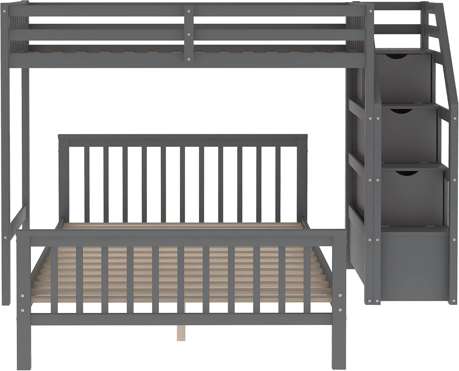 Merax Twin Over Full Bunk Bed with Storage Staircase, Pine Wood Bed Frame, Can be Separated into 2 Beds, Grey
