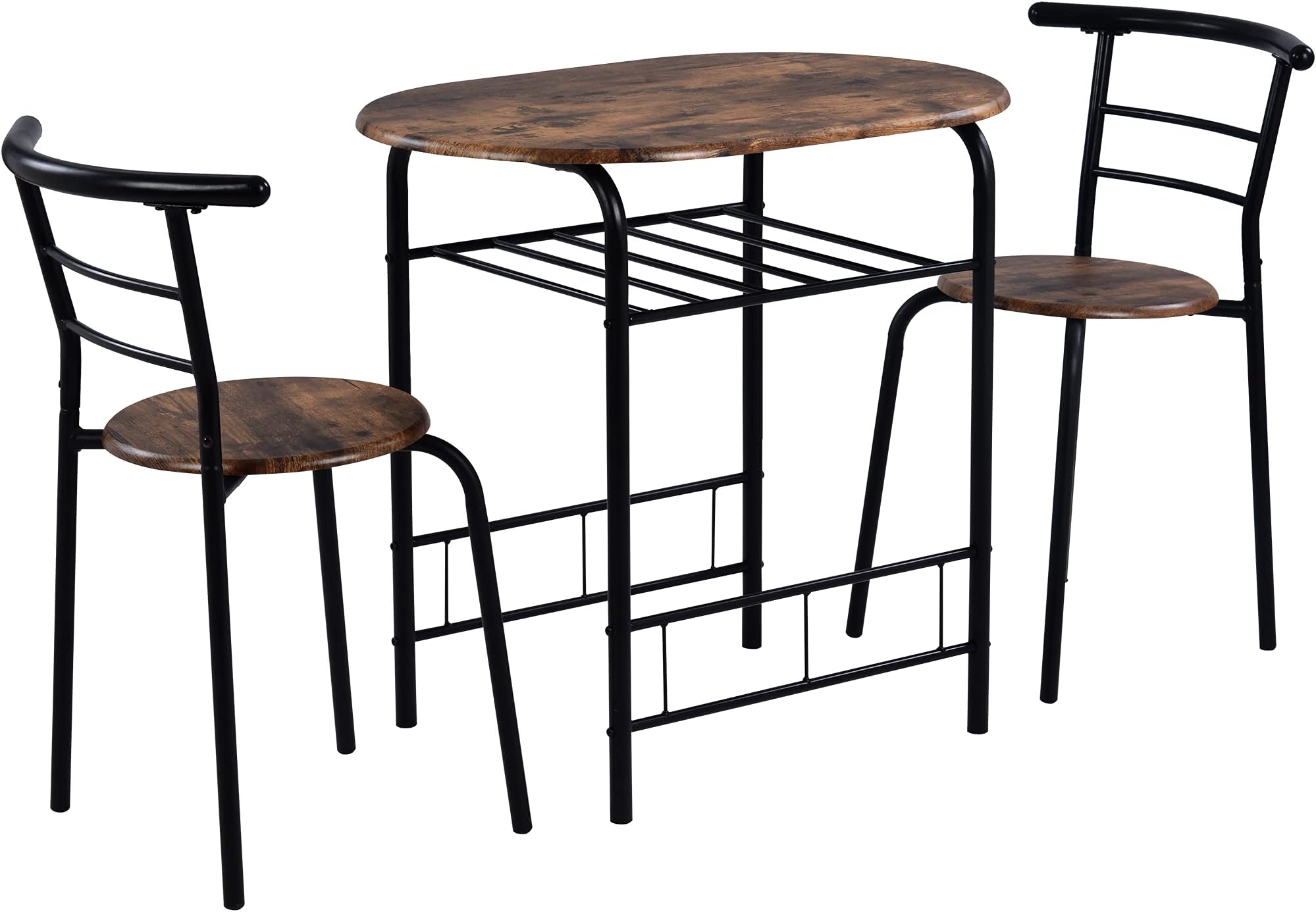 MeraxDining Set 3, Solid Wooden Round Metal Legs, Storage Shelf and Wine Rack, Brown, 1 Table & 2 Chairs