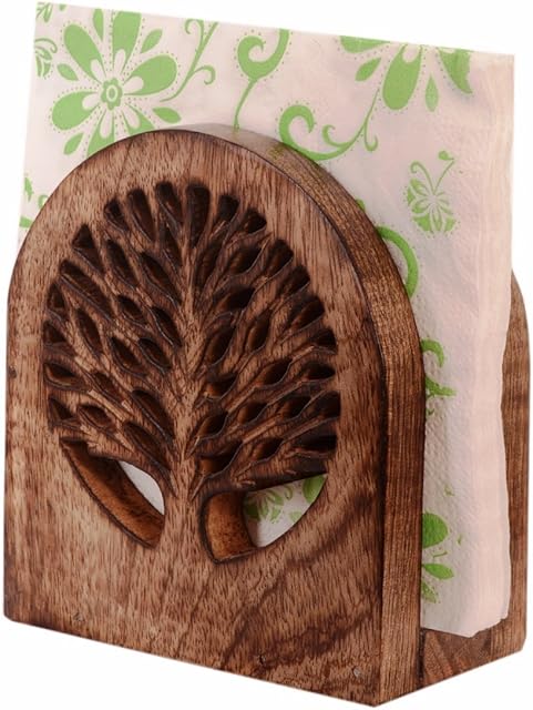 Purpledip Wooden Tissues Holder Napkin Organiser 'Tree of Life' ; Kitchen Dining Accessory (11068)