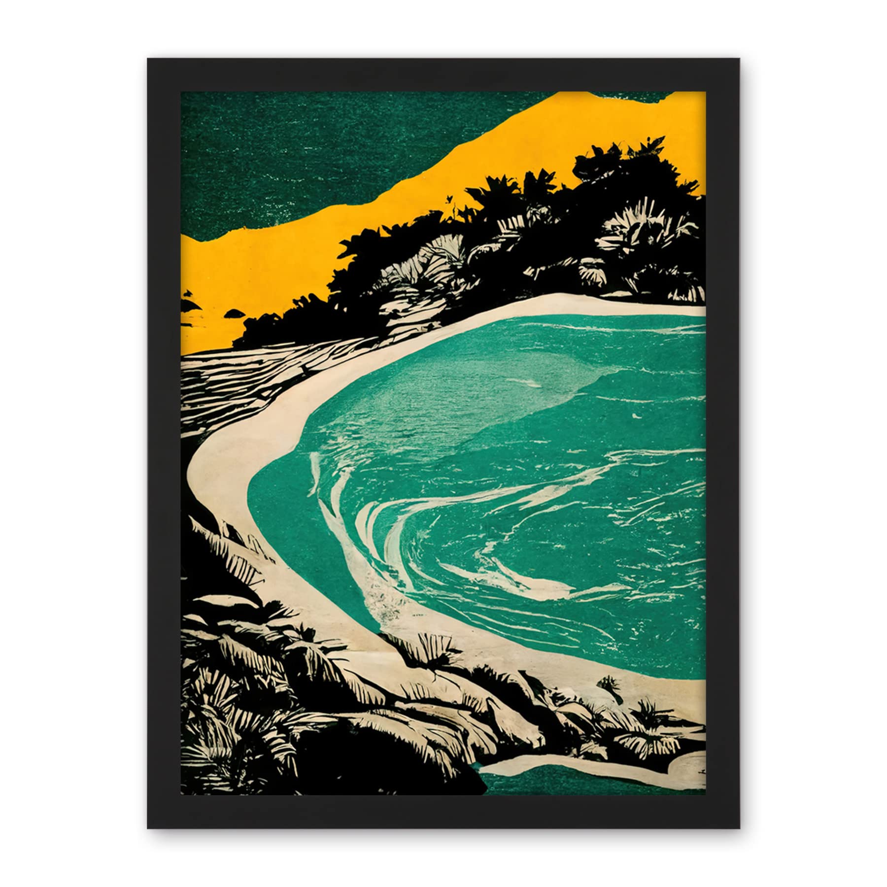 Wee Blue Coo Beach Lagoon Abstract Marbled Seascape Mustard Teal Artwork Framed Wall Art Print 18X24 Inch
