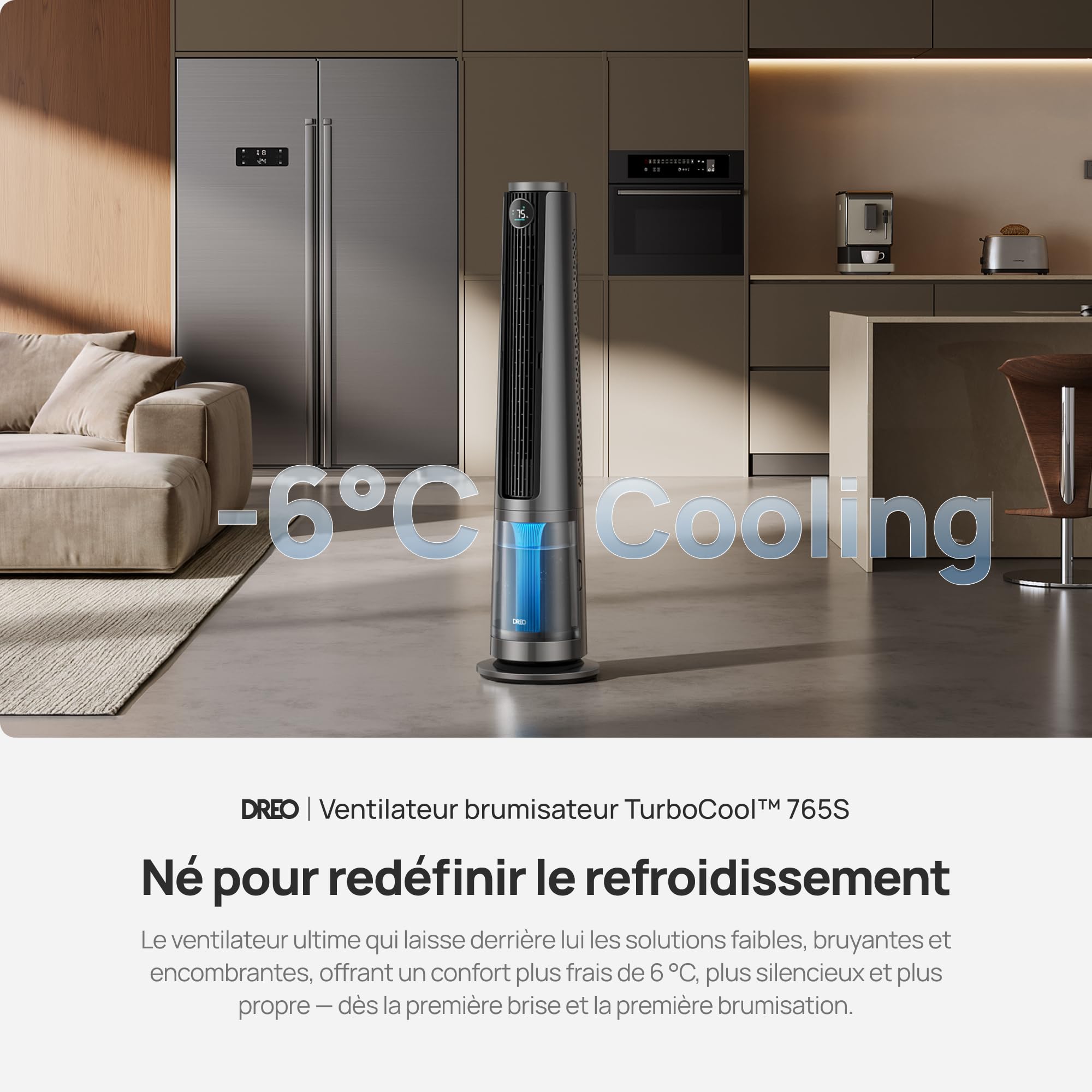 DREO TurboCool Misting Fan 765S, ventilateur brumisateur 3-en-1, réservoir 6 L, air froid, flux 10.4 m/s, moteur silencieux 20 dB, oscillation 90°, 12 vitesses, 4 modes, contrôle intelligent