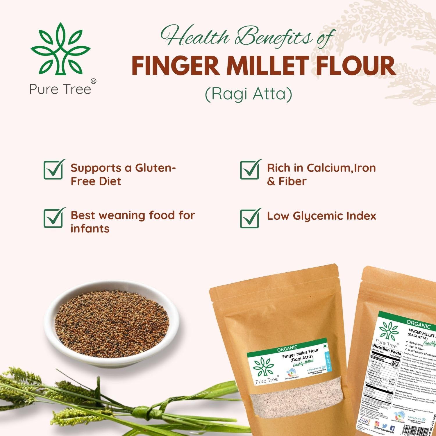 Pure Tree Certified Organic Freshly Milled Ragi Flour Finger Millet | 850 g | Finger Millet | Nachni | Nagli | Ragi Millet Gluten-Free | Bavto | Red Finger Millet | Ragi Whole Grain 2