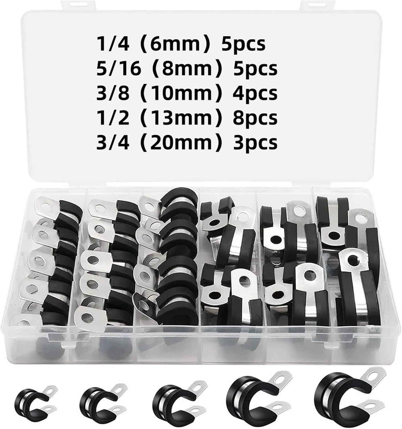 25PCS Cable Clamps Kit,1/4" 5/16" 3/8" 1/2" 3/4" Stainless Steel Rubber Cable Clamps,Automotive Wire Pipe Clamps