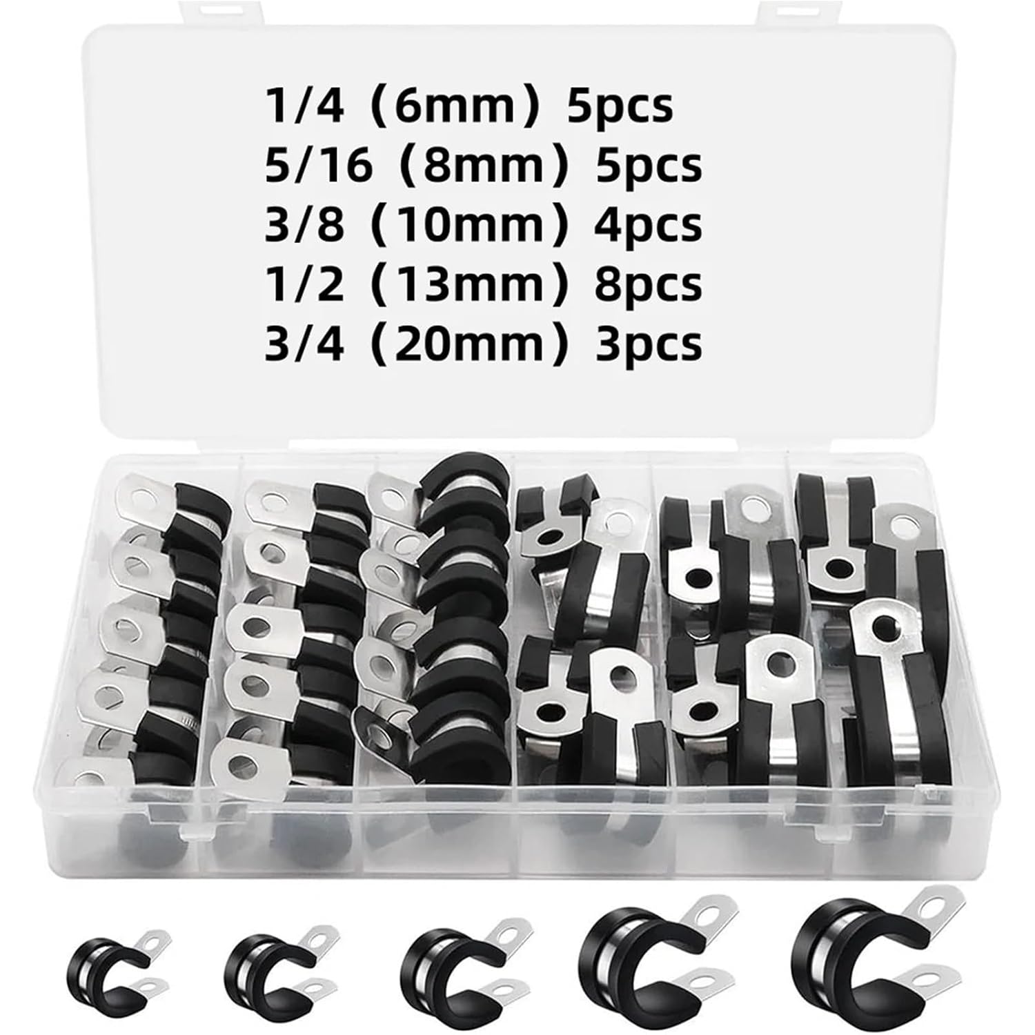 25PCS Cable Clamps Kit,1/4" 5/16" 3/8" 1/2" 3/4" Stainless Steel Rubber Cable Clamp,Automotive Wire Pipe Clamps