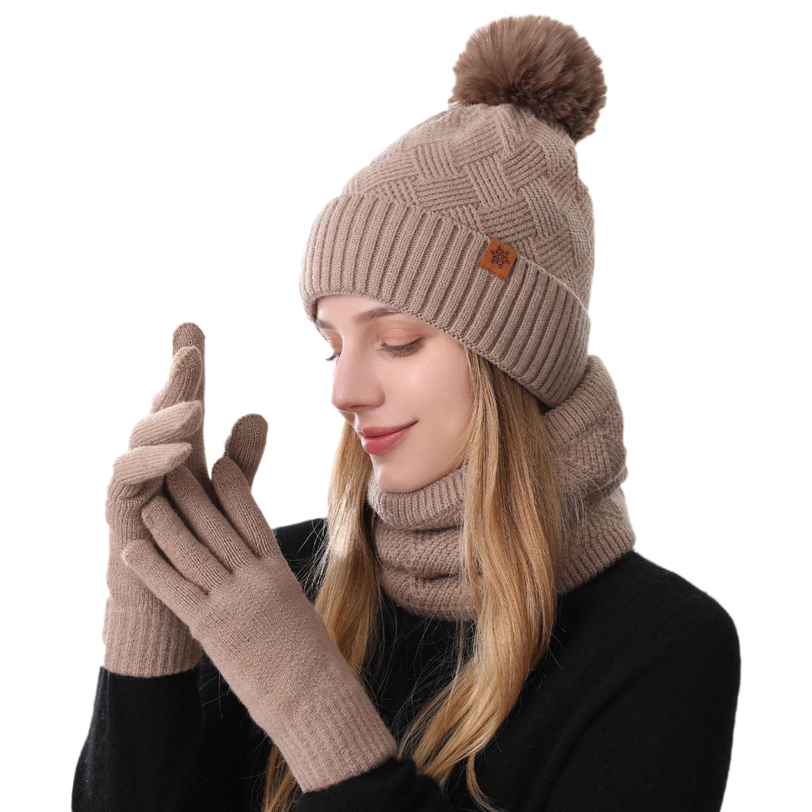 MAZELIKEHOOD Set Sciarpa Guanti Cappello Donna Inverno Caldo Cappello di Bobble con Sciarpa a Maglia e Guanti Tessuto Morbido e Comodo Accessori Moda Invernale Ideale per Regalo di Natale