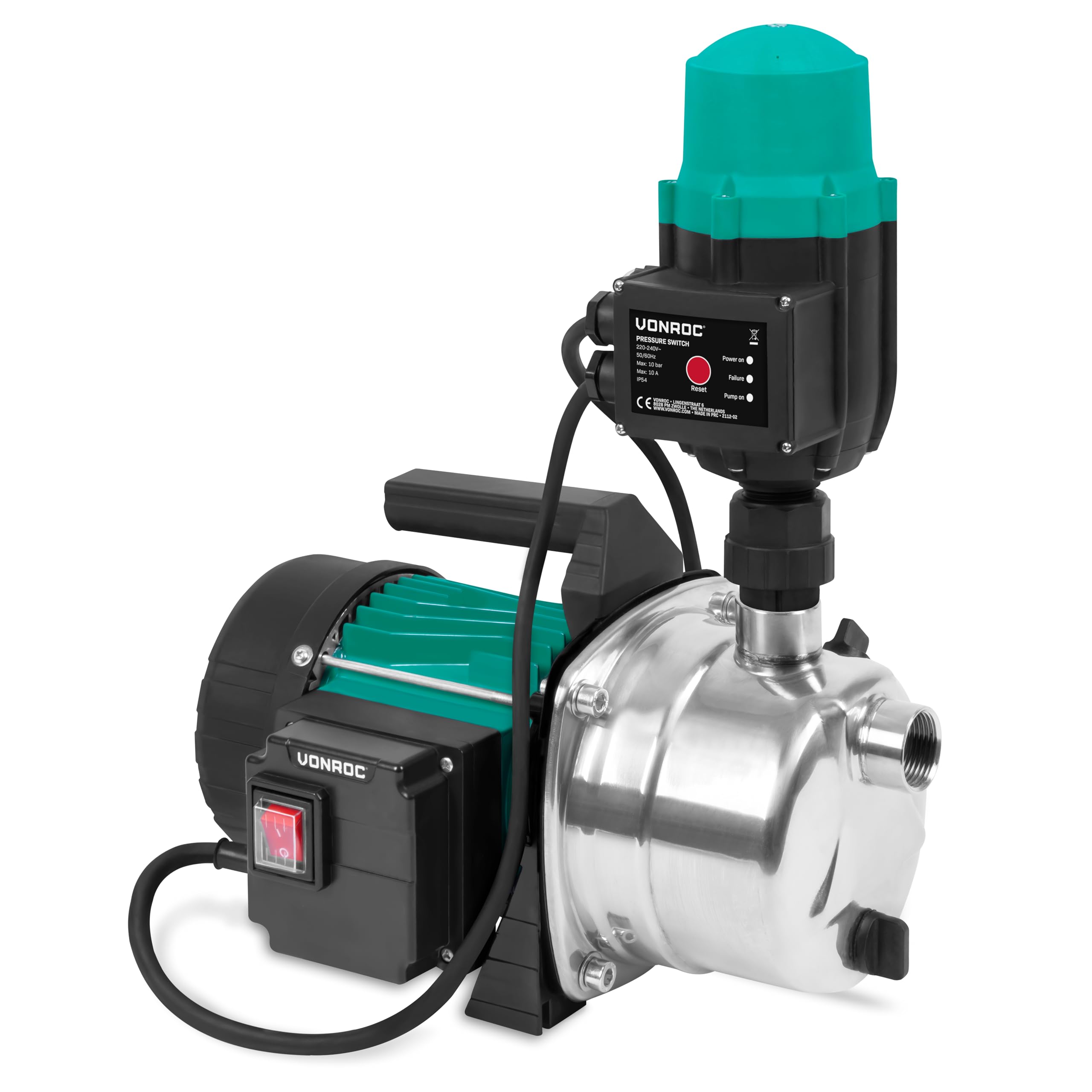 Vonroc Pompe à Eau Hydrophore 1000W 3500l/h 4,4bar Acier Inoxydable Réservoir 19L