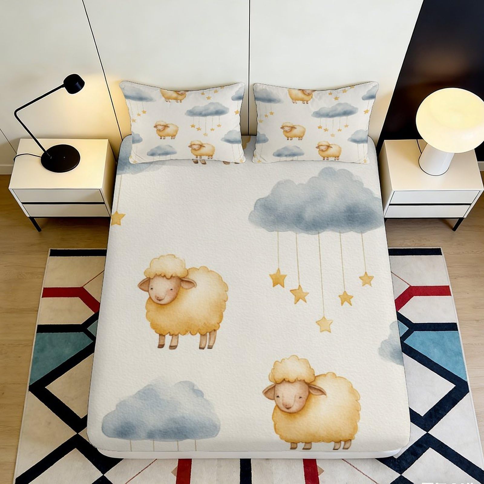 3D Printed Sheep Pattern Fitted Sheet Microfiber Soft Breathable Cloud and Stars Bed Sheet for Bedroom Dormitory Guest Room Mattress Cover 200x200x25cm