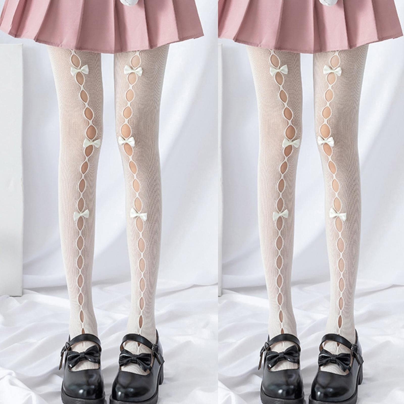Medias de Red con Agujeros para Mujer y niña, Pantimedias de Red con Lazo Hecho a Mano, Medias elásticas japonesas de Lolita Kawaii