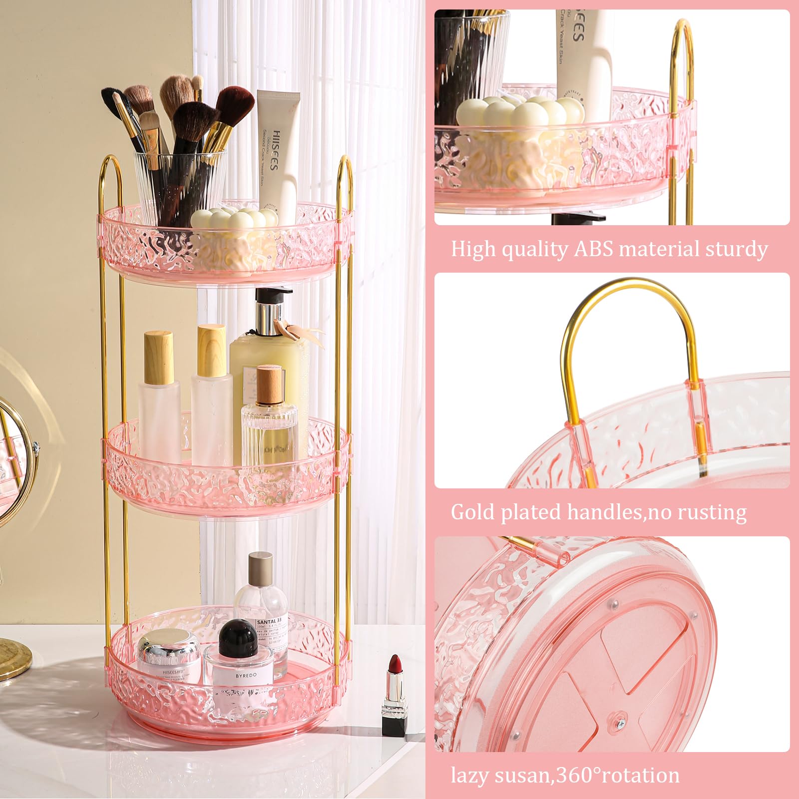 Fangoo 3 Capas Organizador de Maquillaje Giratorio 360 Grados Gran Capacidad Cosmética para Dormitorios Organizador Perfumes y Cremas Pintalabios Brochas Baño Tocador (Rosa)