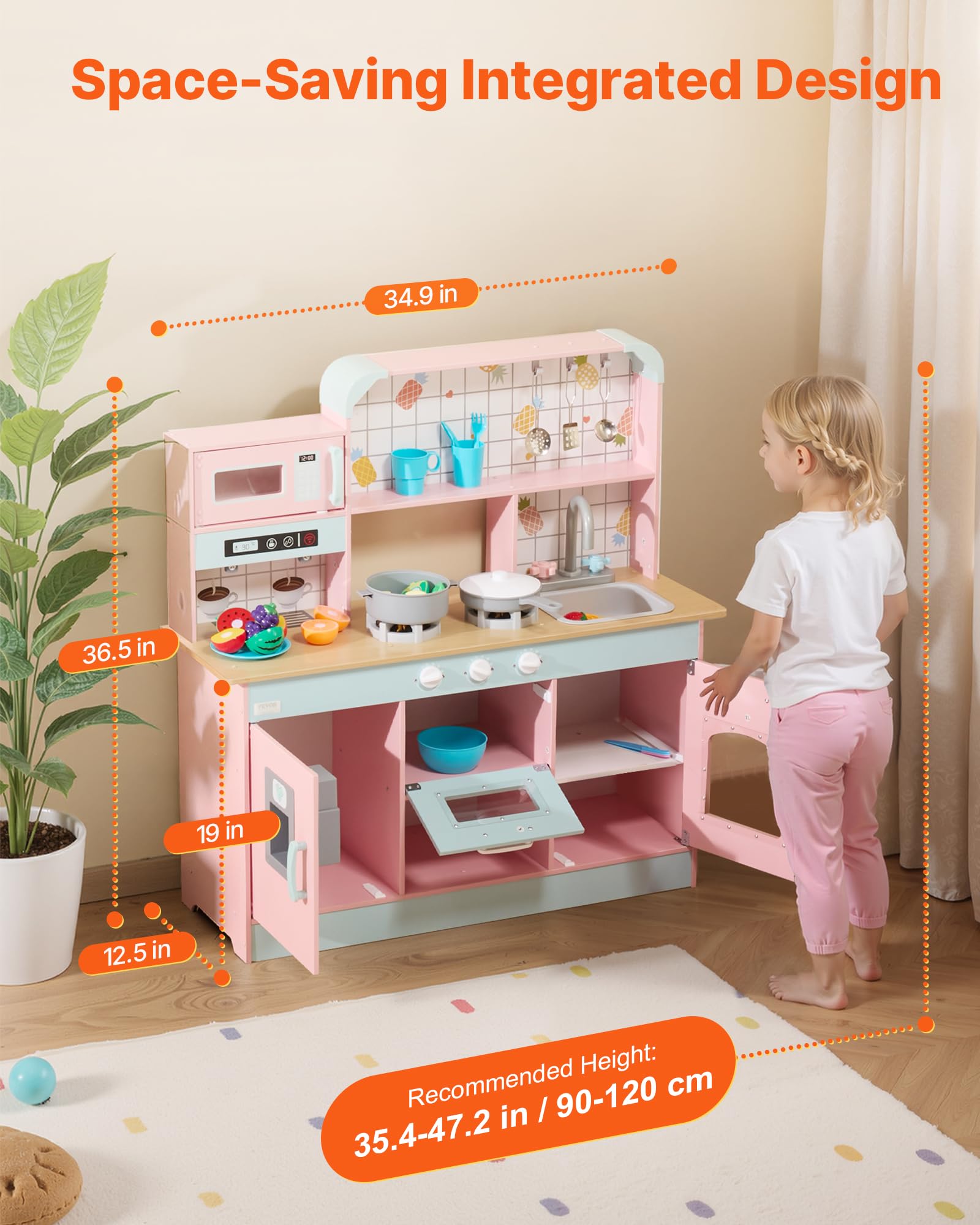 VEVOR Giocattolo Cucina per Bambini, Set Giocattolo da Cucina per Bambini in Legno con Luci Suoni Macchina per Ghiaccio Forno Lavello Microonde Frigorifero Utensili, Giocattolo Cucina, 24 pz, Rosa
