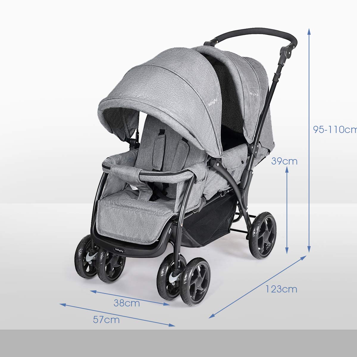 DREAMADE Geschwisterwagen Baby ab Geburt bis 15 kg, Zwillingskinderwagen Faltbar mit verstellbarer Liegeposition und Fußstützen, Zwillingsbuggy mit Verdeck & Sicherheitsgurt