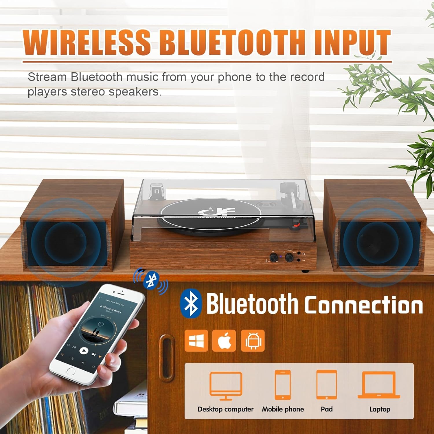 Record Player for Vinyl with External Speakers, Bluetooth 3 Speed Vintage Belt-Driven 33 45 78 RPM Turntable with Stereo Speakers, MP3 PC Recording, RCA Line-Out, AUX-in Headphone Out, Walnut