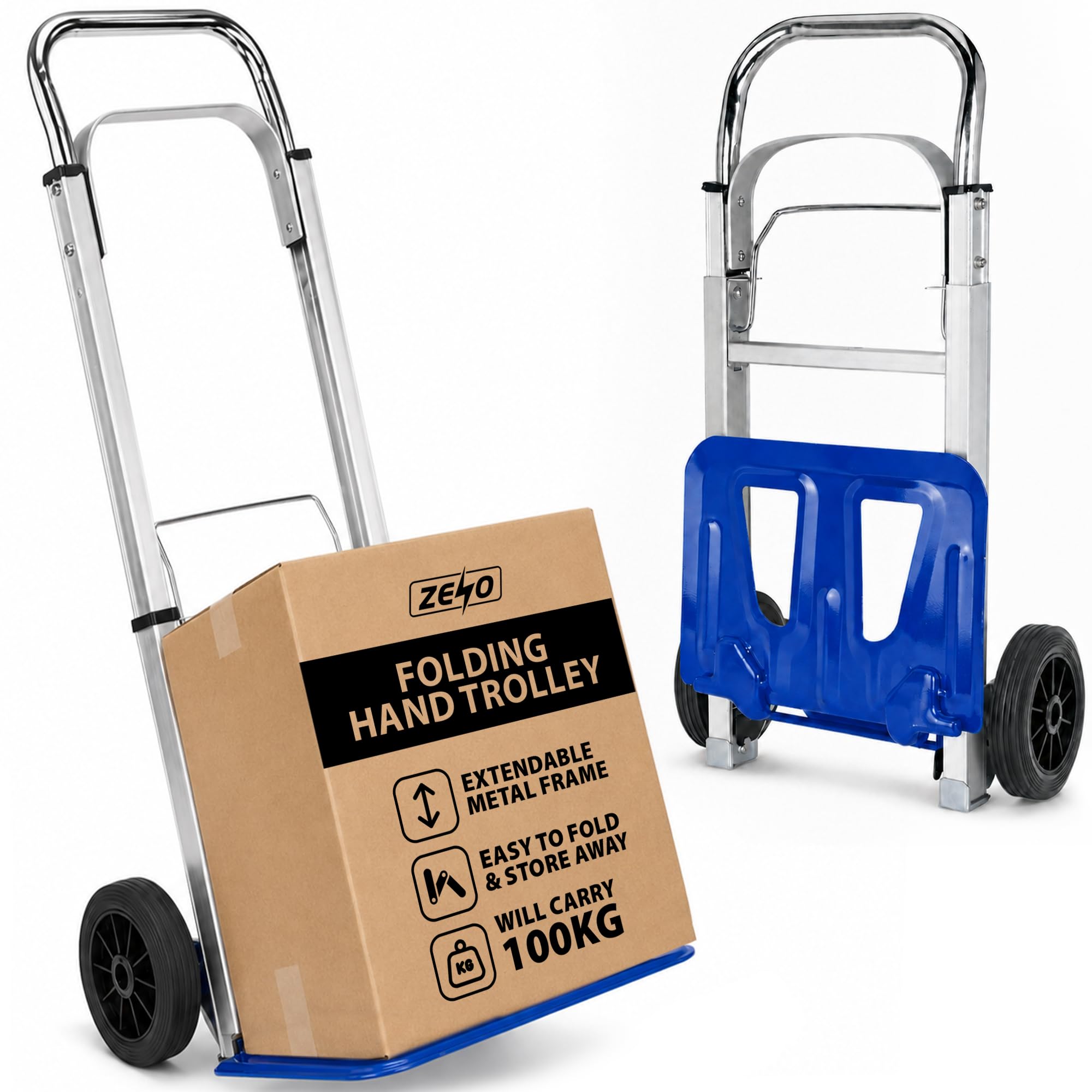 ZENO Folding Sack Truck | Heavy Duty Aluminium Sack Barrow | Foldable Hand Truck & Sack Trolley on Wheels with Extendable Handle | 100kg Capacity for Home, Office, Warehouse & Moving