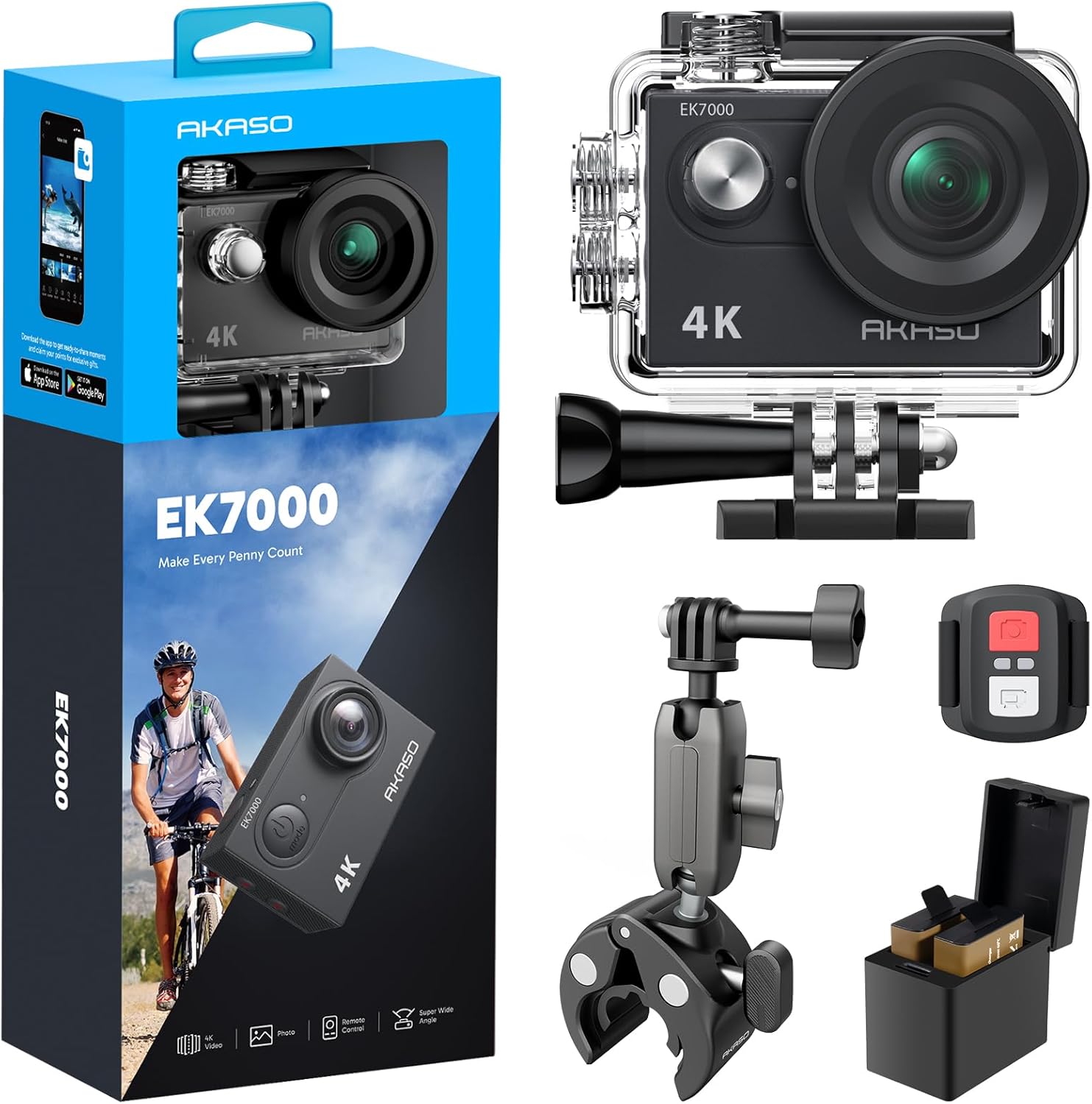 AKASO EK7000 Action Camera and Universal Handlebar Clamp Accessories Kit Bundle