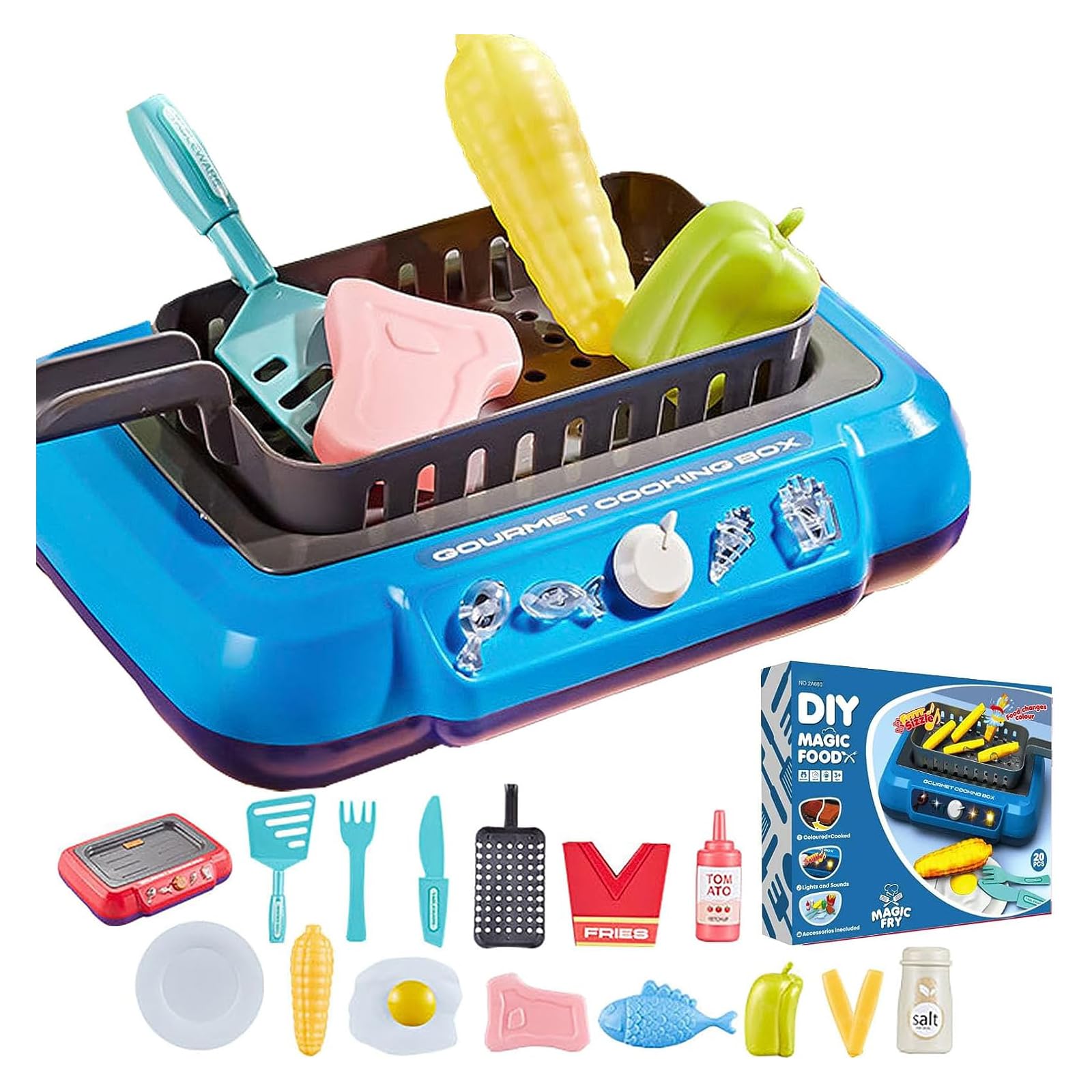 Gourmet Cooking Box Toy, Pretend Play Gourmet Cooking Box for Kids, Simulation Water Fryer Food Color Changing Simulation Cooking Toy, Play Food Grill with Cooking Utensils Sets (Blue)