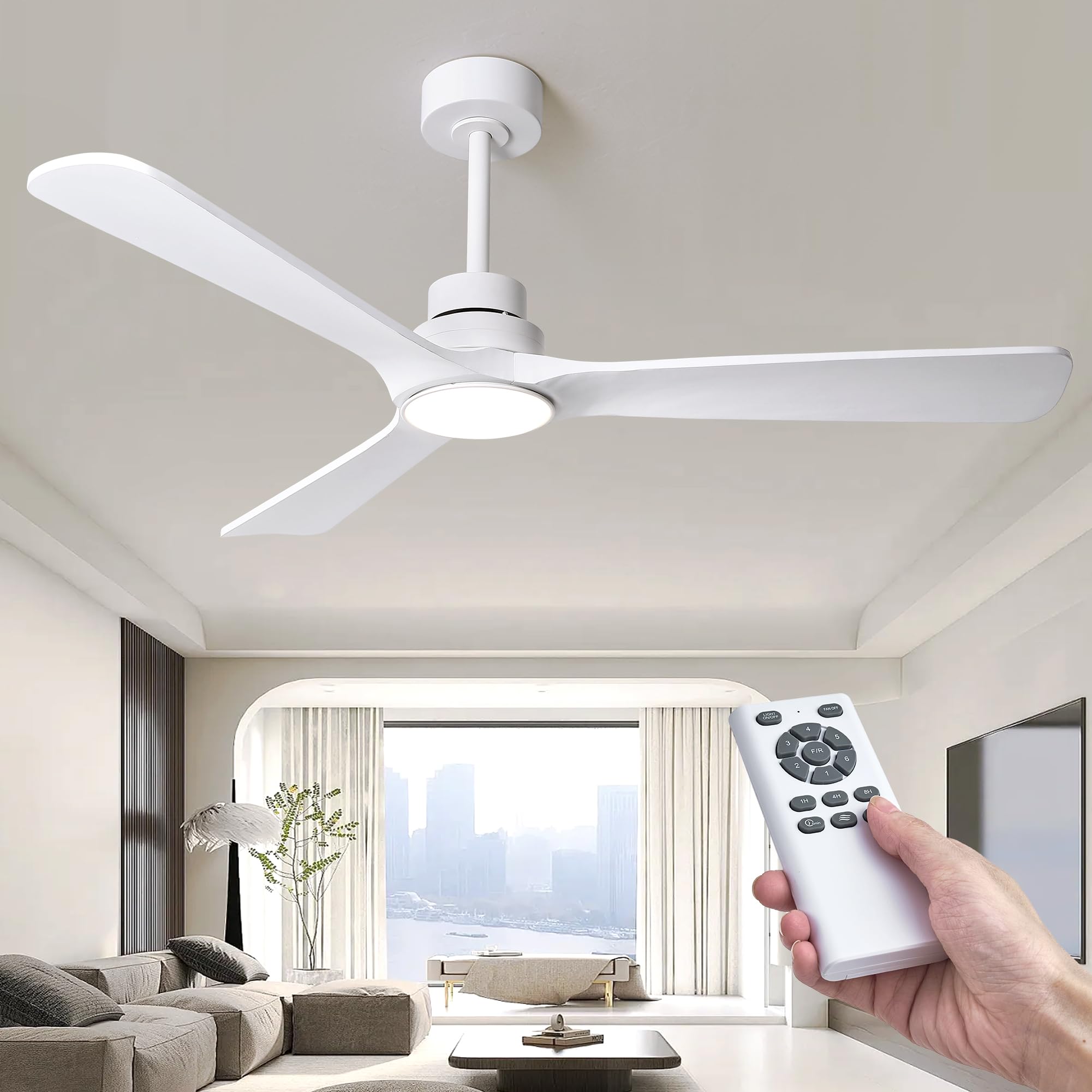 52" White Ceiling Fan with Lights and Remote Control, 3 Reversible Carved Wood Blades, 6-Speed Quiet DC Motor, Ceiling Fans for Bedroom, Living Room