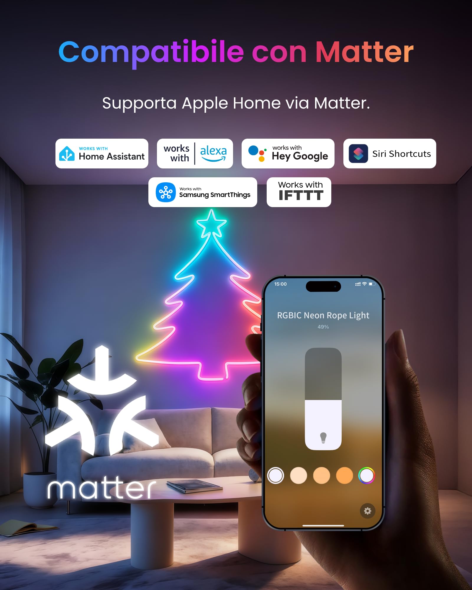 SwitchBot RGBIC Neon Striscia LED, 5M Matter Neon LED Luci Compatibile con Apple Home, Alexa e Google Home, 16 min di colori, Sincronizza Musica e Scene, Luci LED Camera da Letto, Soggiorno