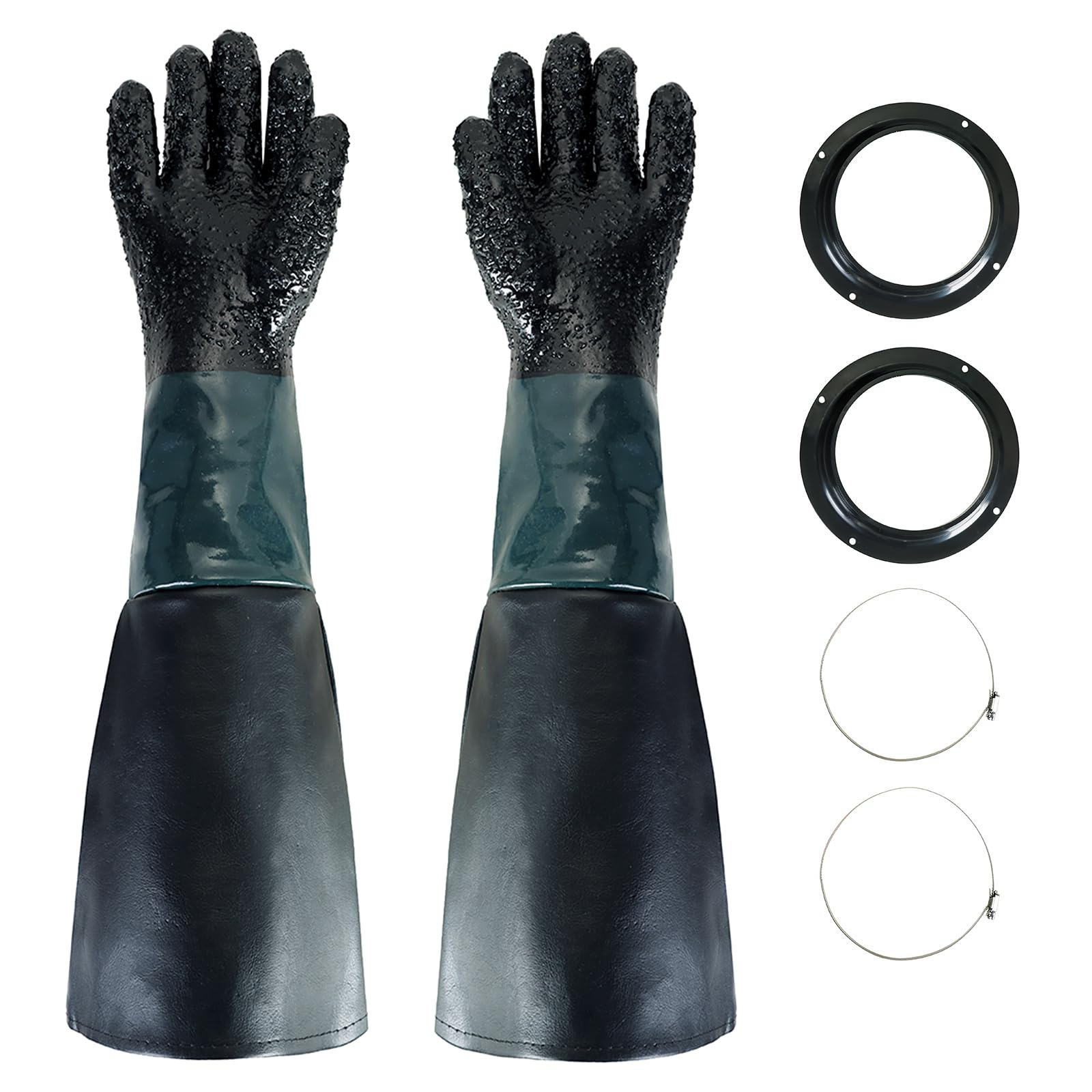 MAOPINER 23.6" Rubber Sandblasting Gloves | Heavy Duty Sandblaster Cabinet Gloves with Particle Palm for Abrasive Blasting with 4 Hole Holders Metal