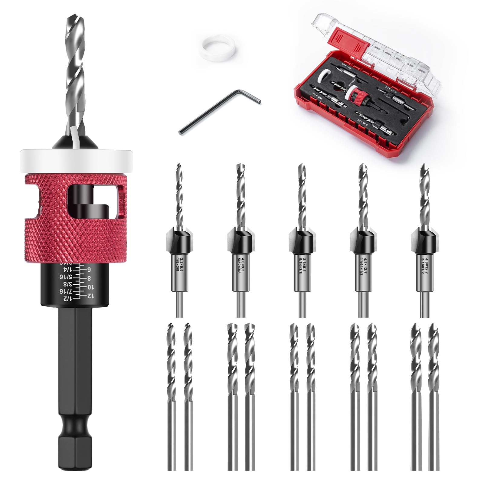 Mtchavno Countersink Drill Bit Set, 15 Pieces, Countersink Wood Drill Bit with Depth Stop