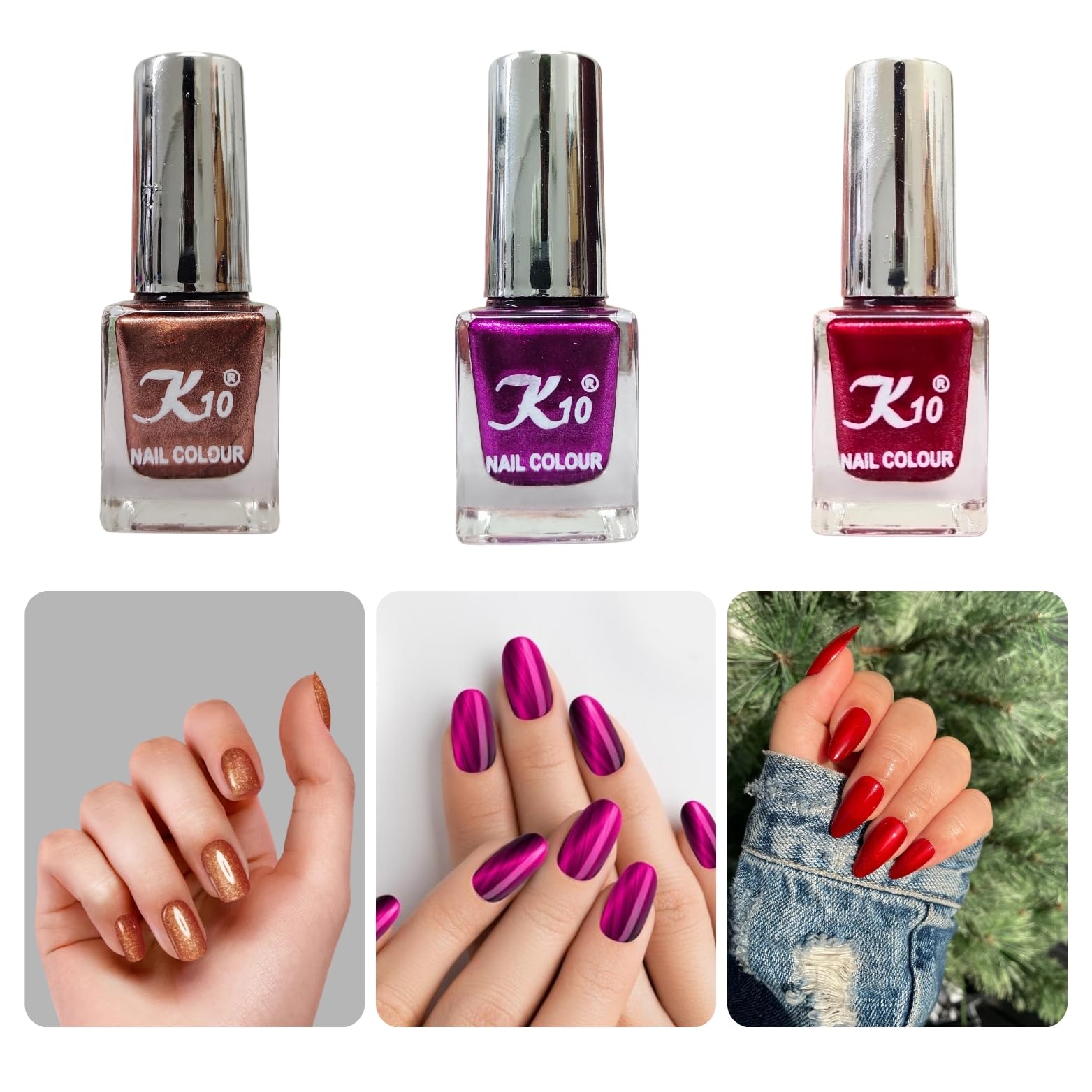 K10 Nail Polish| Metallic Finish Nail Paint|Quick Drying| Non UV Polish - Gel Finish |Chip Resistant Long-Lasting Multicolor| Dark Red| Dark-Pink And Coffee| Set of 3| (12ml each)-image-14
