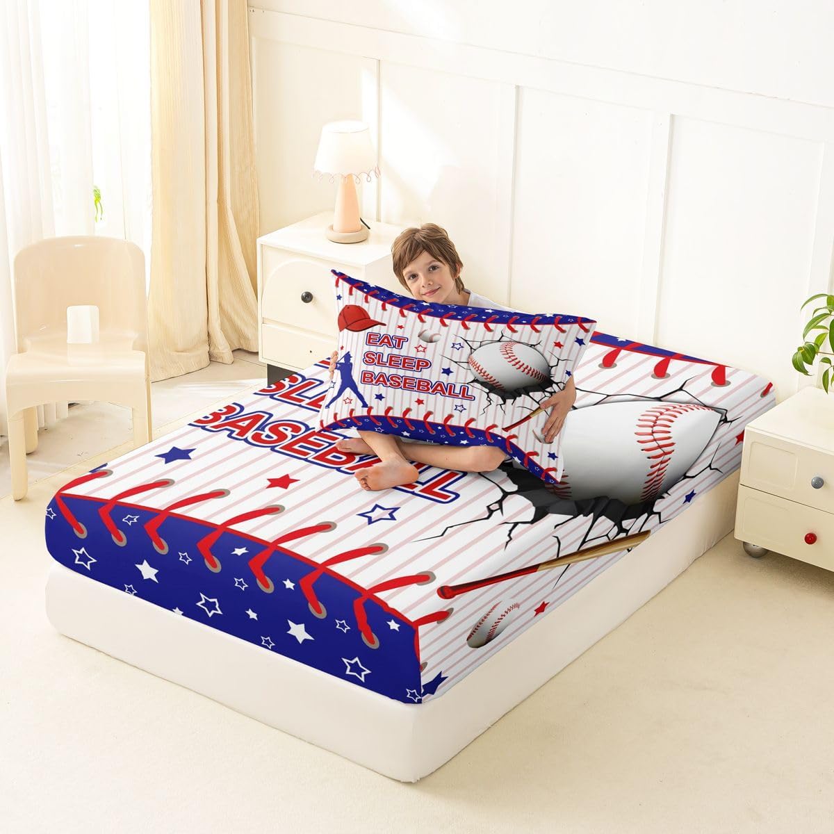 Feelyou Boys Baseball Bed Sheets Set Twin Size Sports Theme Bed Set Baseball Deep Pocket Fitted Sheet Breathable Soft Lightweight Microfiber