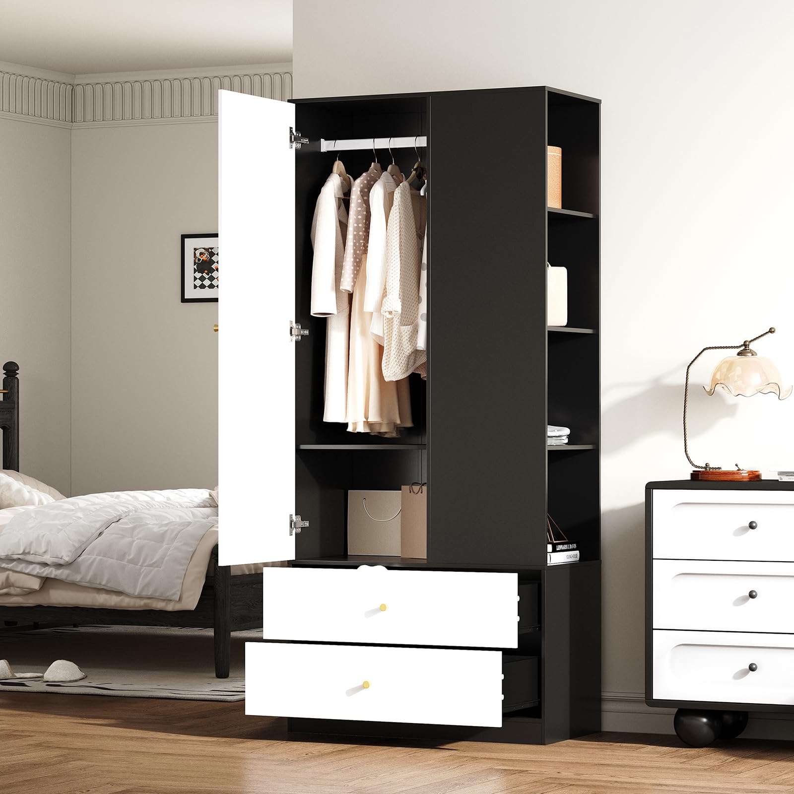 SUKY Armario Dormitorio Moderno con Espejo y 1 Puerta, Mueble Ropero Multiusos, Equipado con 2 Cajones y 4 Estantes, Mueble Organizador Práctico para Ropa, Ideal para Dormitorio del Hogar
