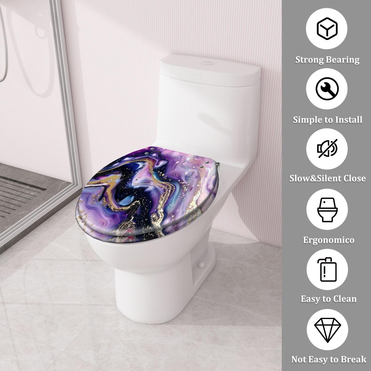 TRANQDEHOM Round Toilet Seat Very beautiful marble Abstract art Art Gold Resin Toilet Seat Quietly Close Quick Release Hinges Decorative Toilet Seat with Cover Easy to Install, Style 10