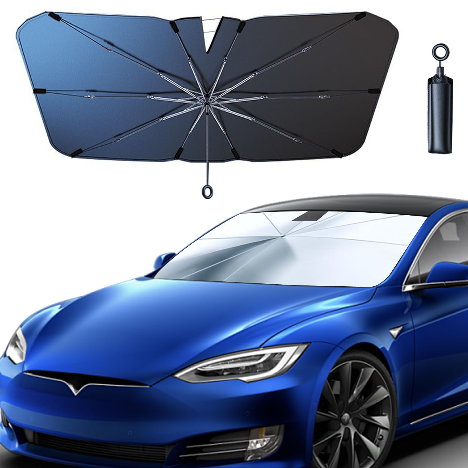 JDDRY Car Front Windshield Sun Shade with Pull Cord, Umbrella Sun Shade for Windshield, 2024 Upgrade Car Umbrella Sunshade, for Tesla (142x95cm/55.9"X37.4")