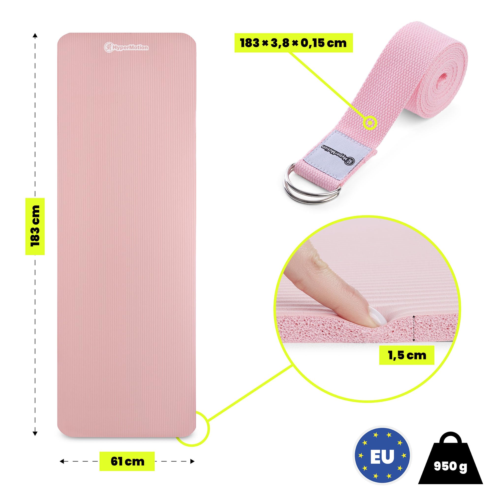 HyperMotion Tapis de Yoga NBR 183x61 cm (Épaisseur 0,8 cm et 1,5 cm) Antidérapant, avec Sangle de Transport et d’Étirement, Tapis Fitness pour Pilates et Relaxation