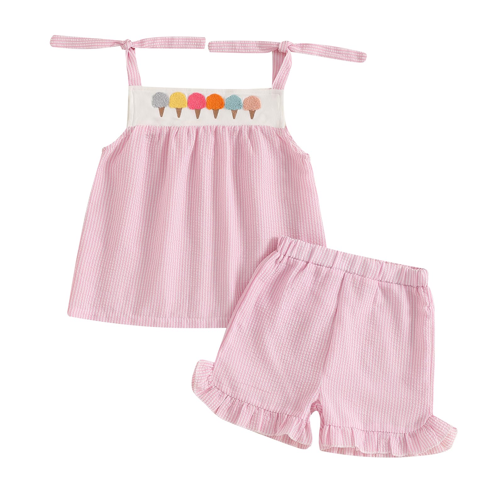 GINEVSAL Toddler Girl Summer Outfit Ice Cream Baby Clothes Striped Sleeveless Tanks Tops and Ruffled Shorts Set Infant (Pink, 2-3T)