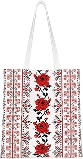 [RFSHOP] ウクライナ刺繍スタイルローズキャンバス女性再利用可能なショッピングバッグジムショッピングビーチギフト用、ブラック、フリーサイズ