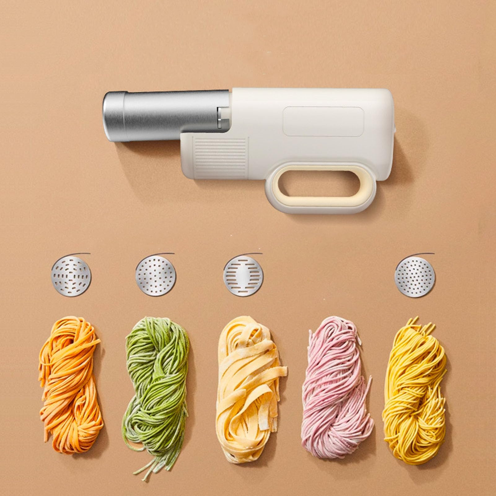 Handgehaltener Elektrischer Nudelbereiter, Kabellose Nudelmaschine mit 5 Formscheiben, Edelstahl 304, 2000 MAh, Wiederaufladbar über USB, für Hausgemachte Spaghetti-Ramen-Nudeln